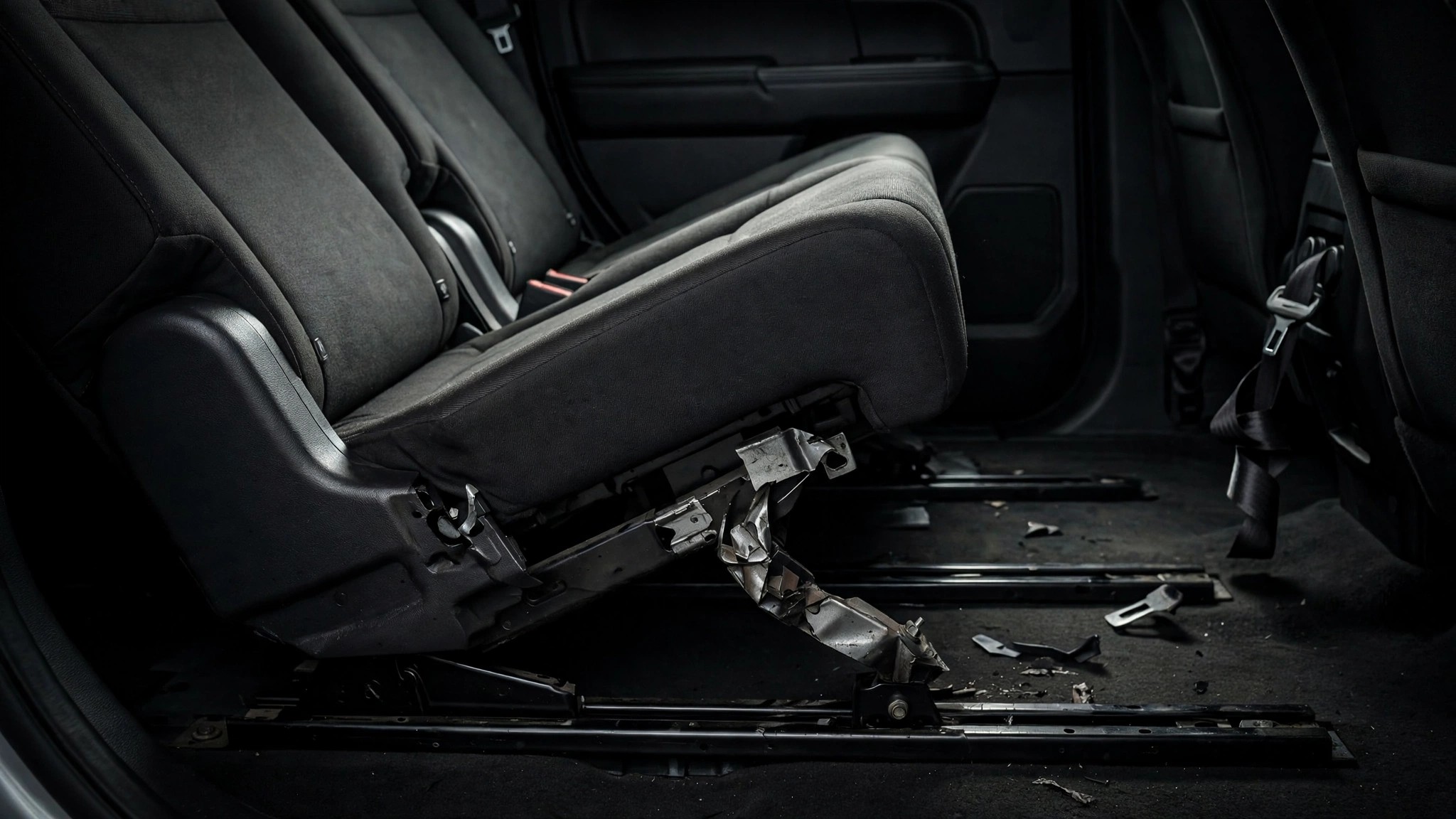 A displaced second-row bench seat in an SUV interior