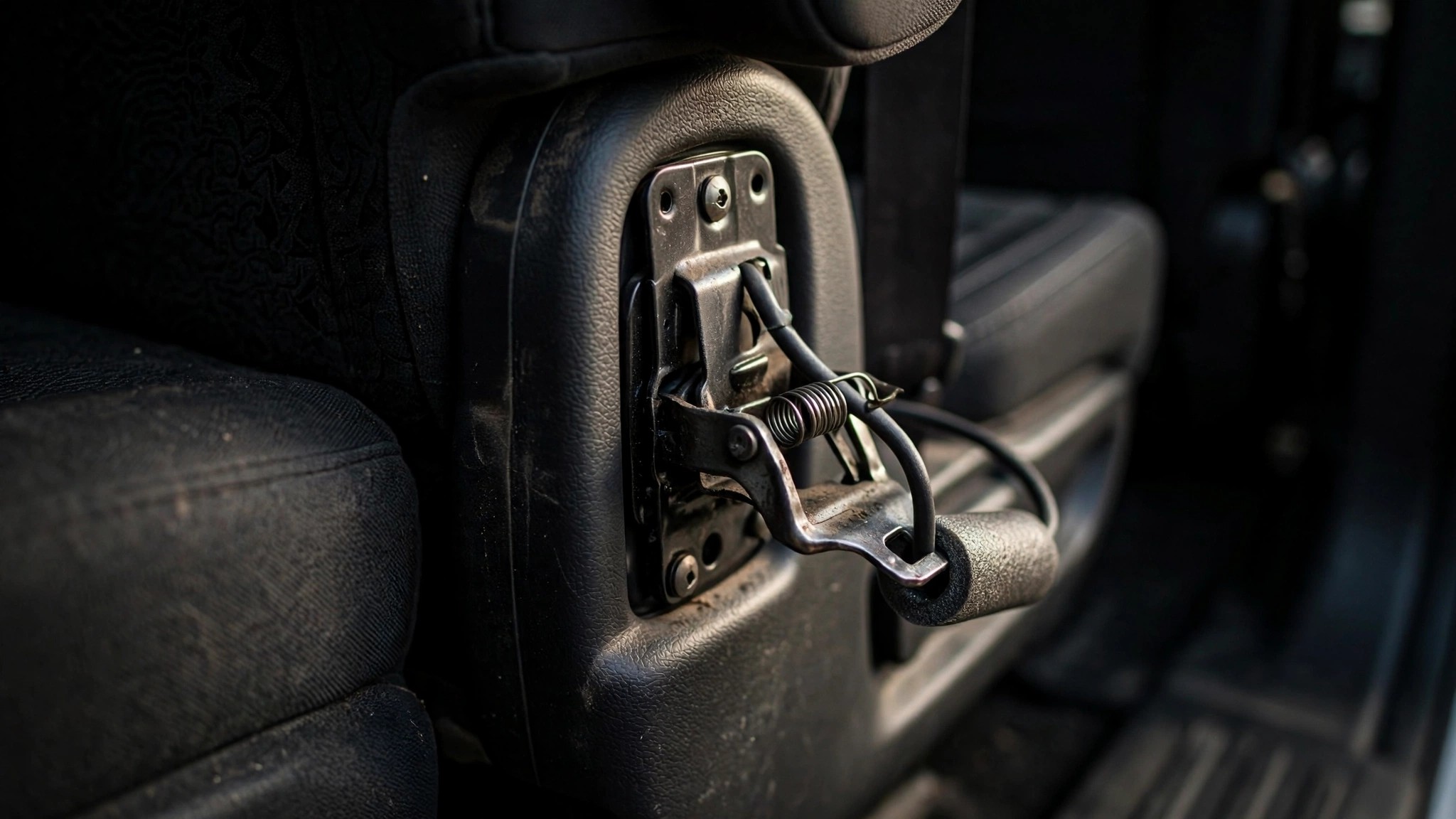 Close-up of a Ford Explorer second-row seat latch mechanism