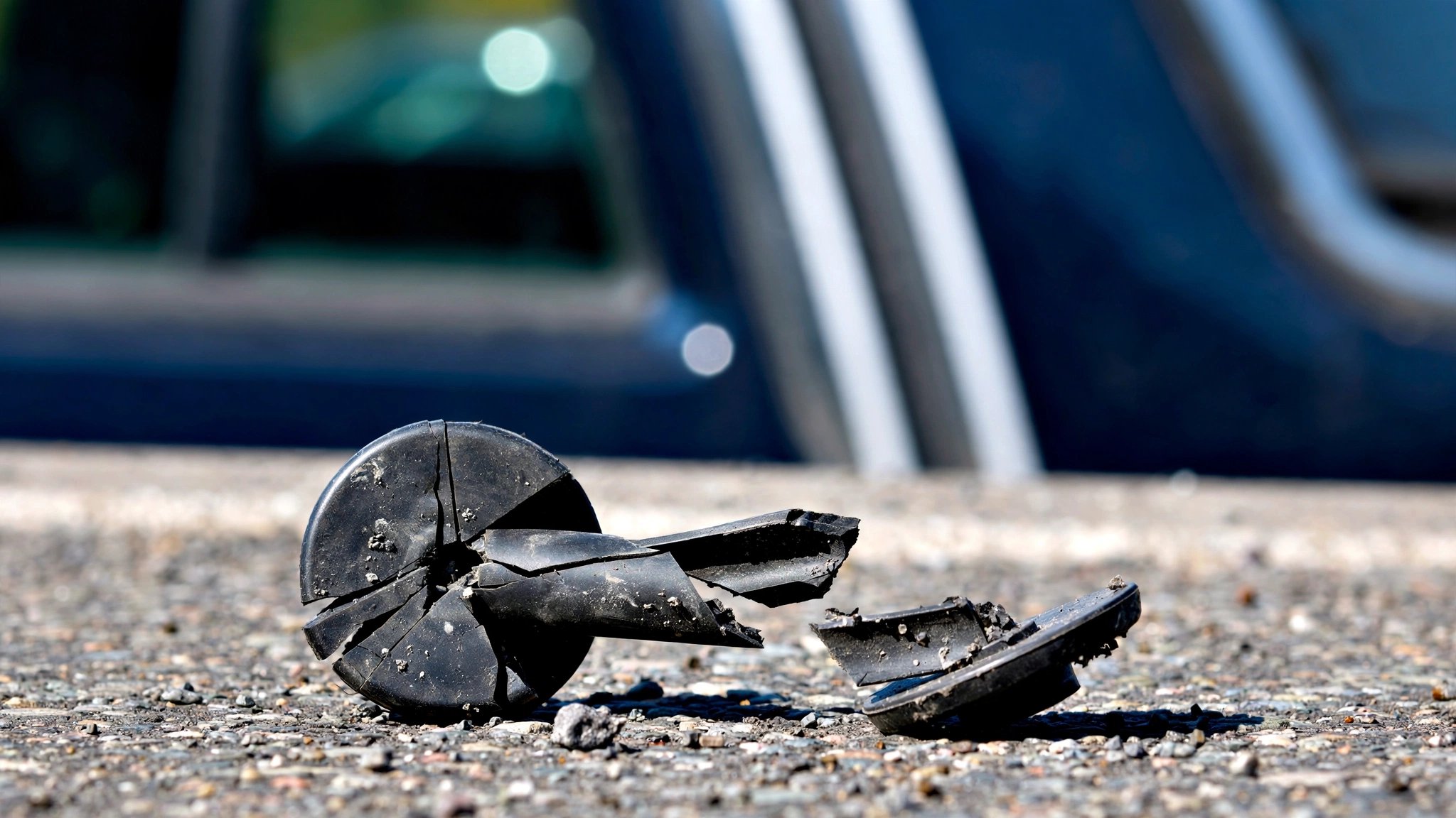 A broken black plastic automotive retention clip on asphalt next to a Ford Explorer