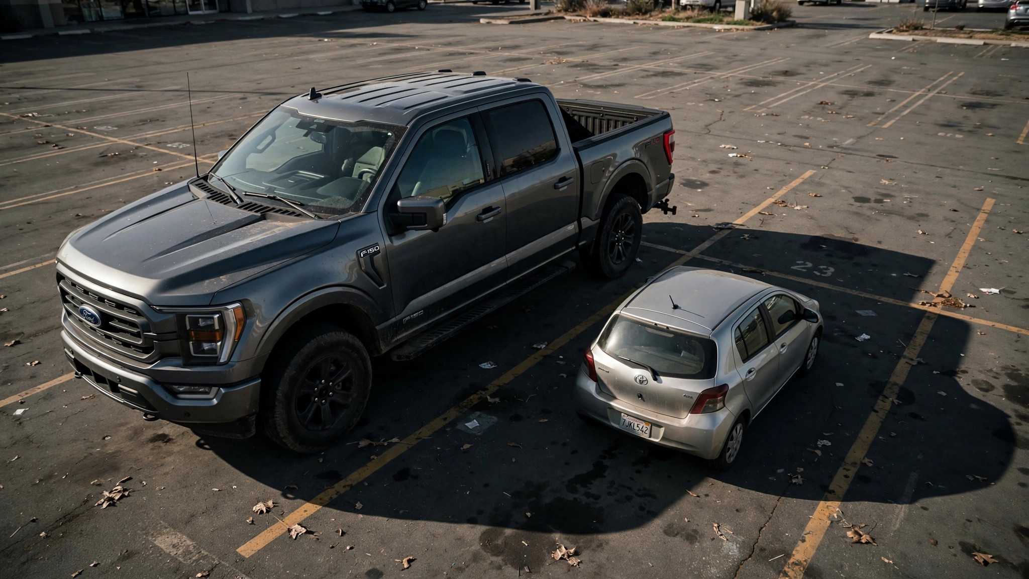 Ford F-150 pickup truck towering over a compact sedan in a parking lot