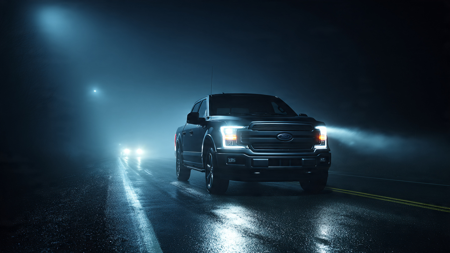 A Ford F-150 casting a long shadow across an empty highway