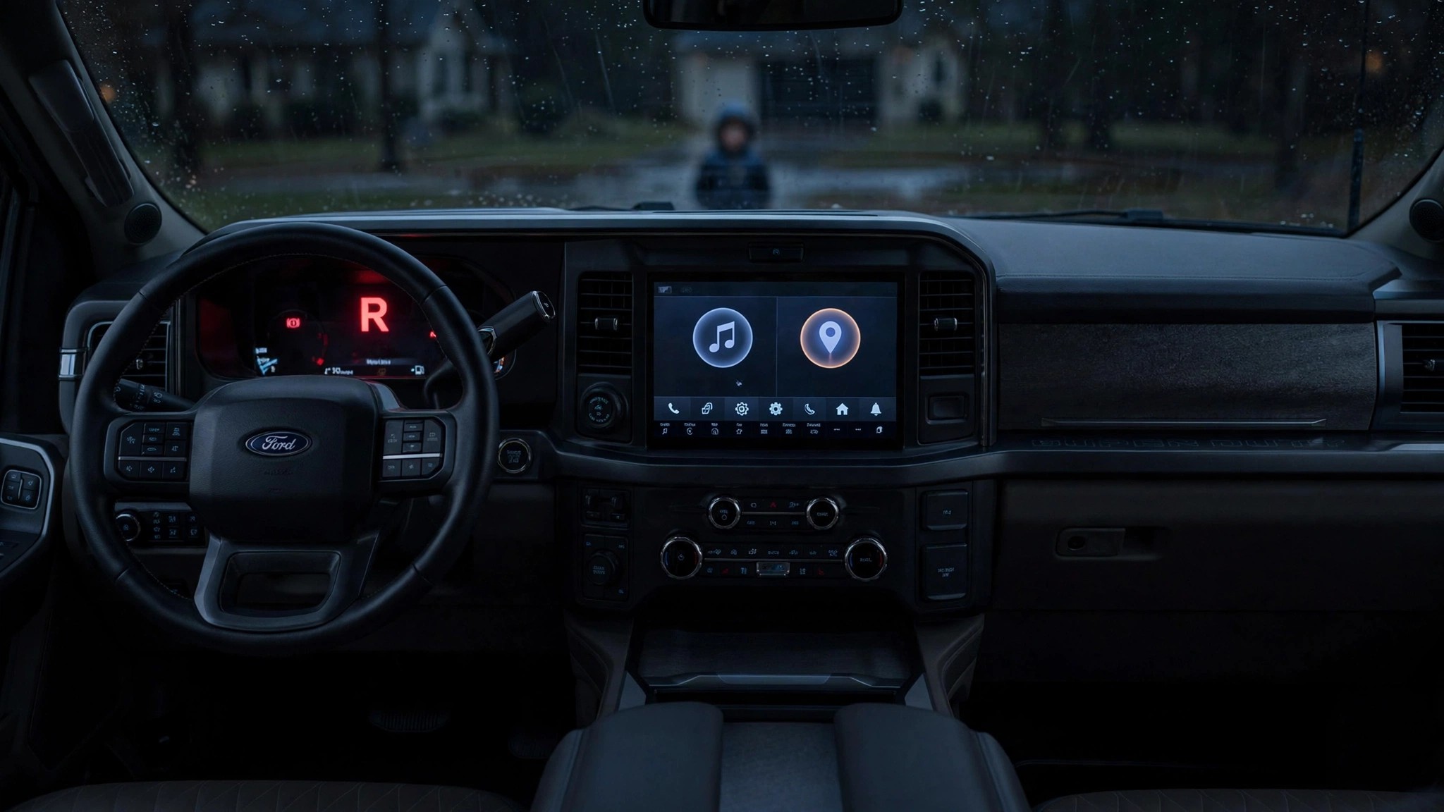 Ford truck dashboard showing infotainment menu covering backup camera feed