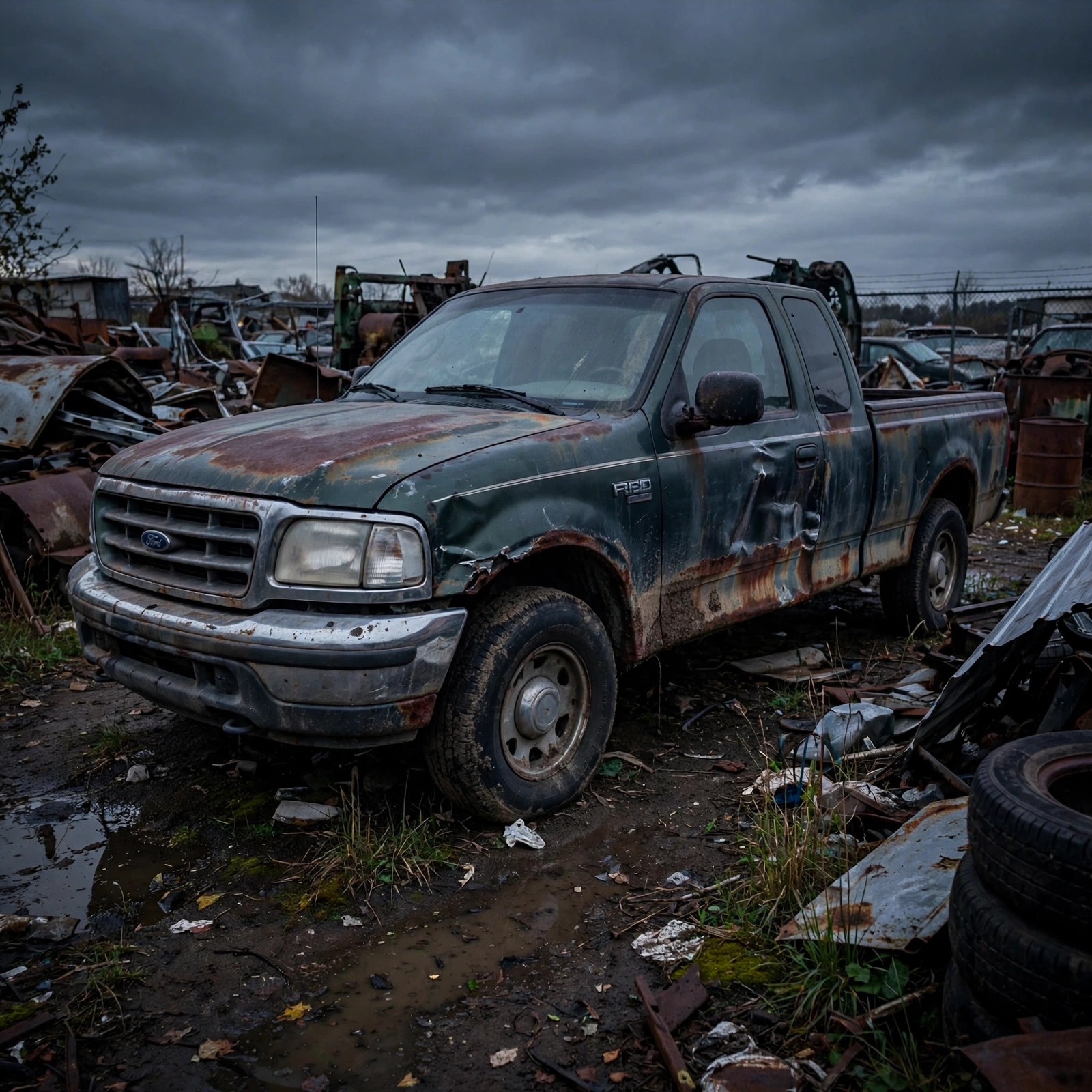 Weathered early-2000s Ford F-150 in a junkyard