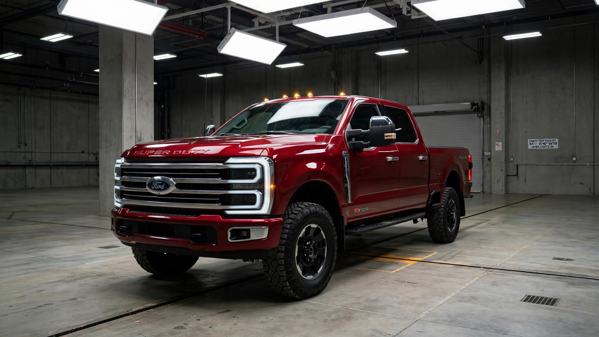 A Ford F-250 Super Duty parked in an empty crash test facility