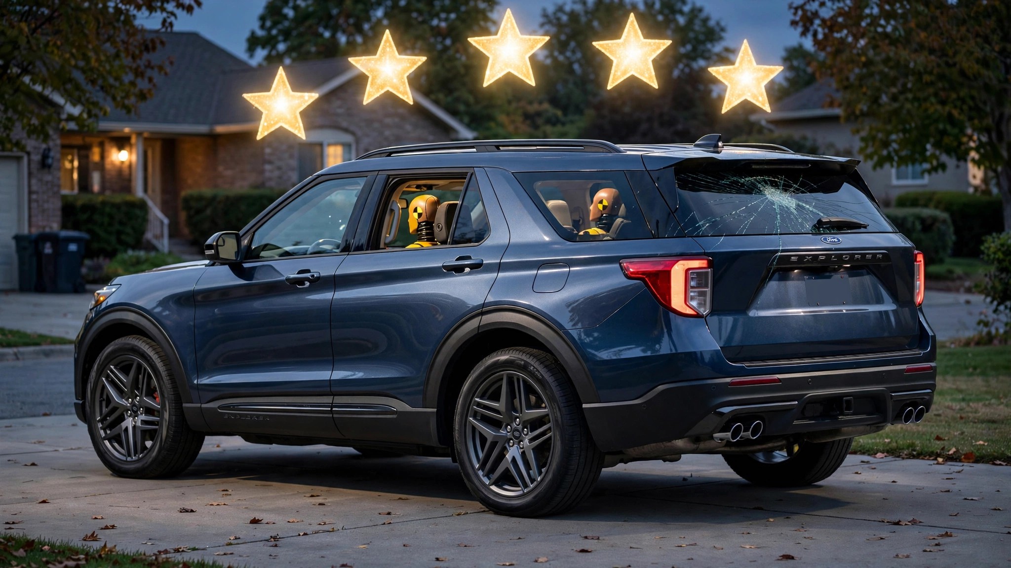 Ford Explorer SUV with five stars and a tilted rear seat