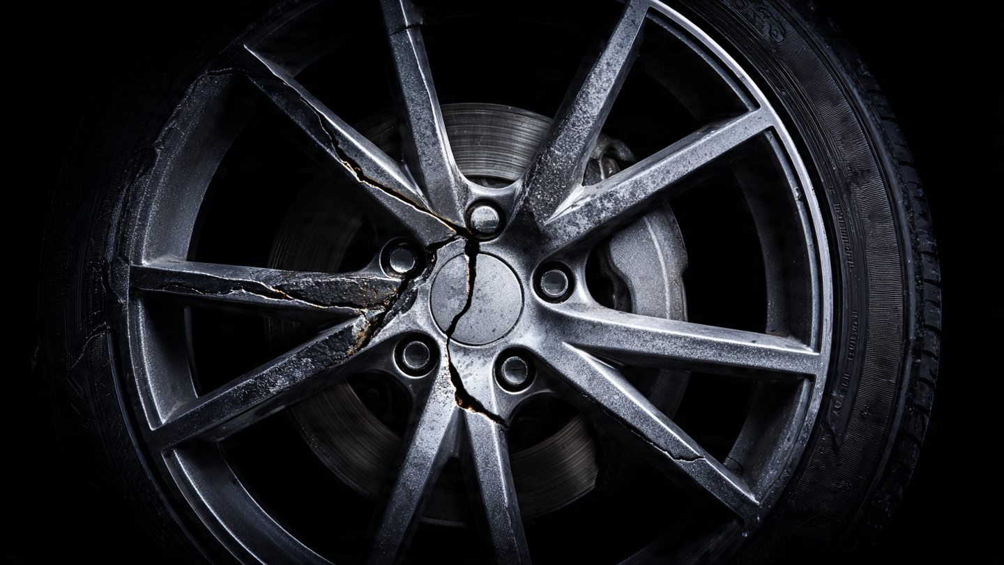 Close-up of cracked aluminum steering knuckle assembly under forensic lighting