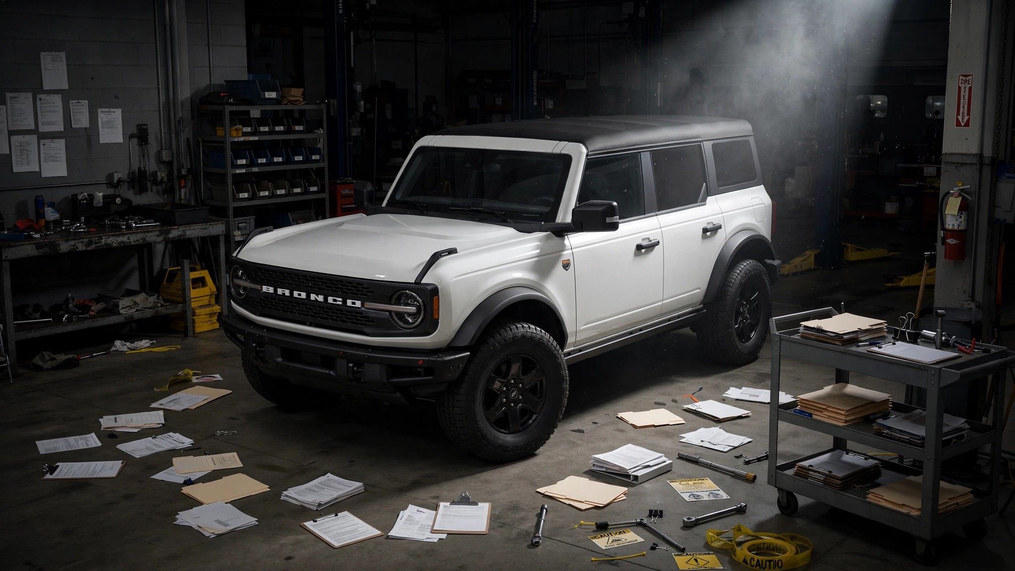 A vehicle in a service bay surrounded by recall paperwork