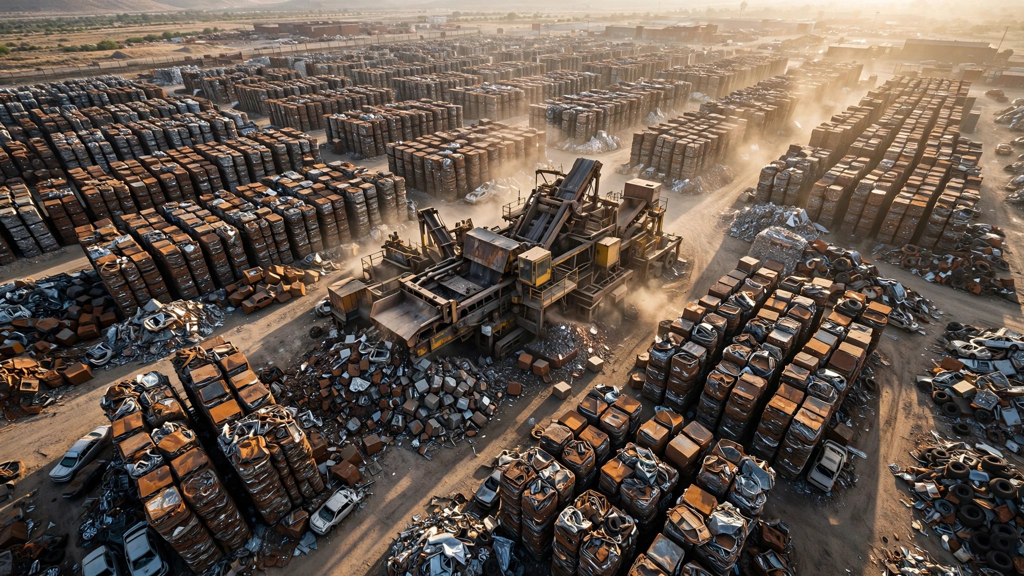 Aerial view of a massive auto junkyard with thousands of crushed cars from the 2000s era