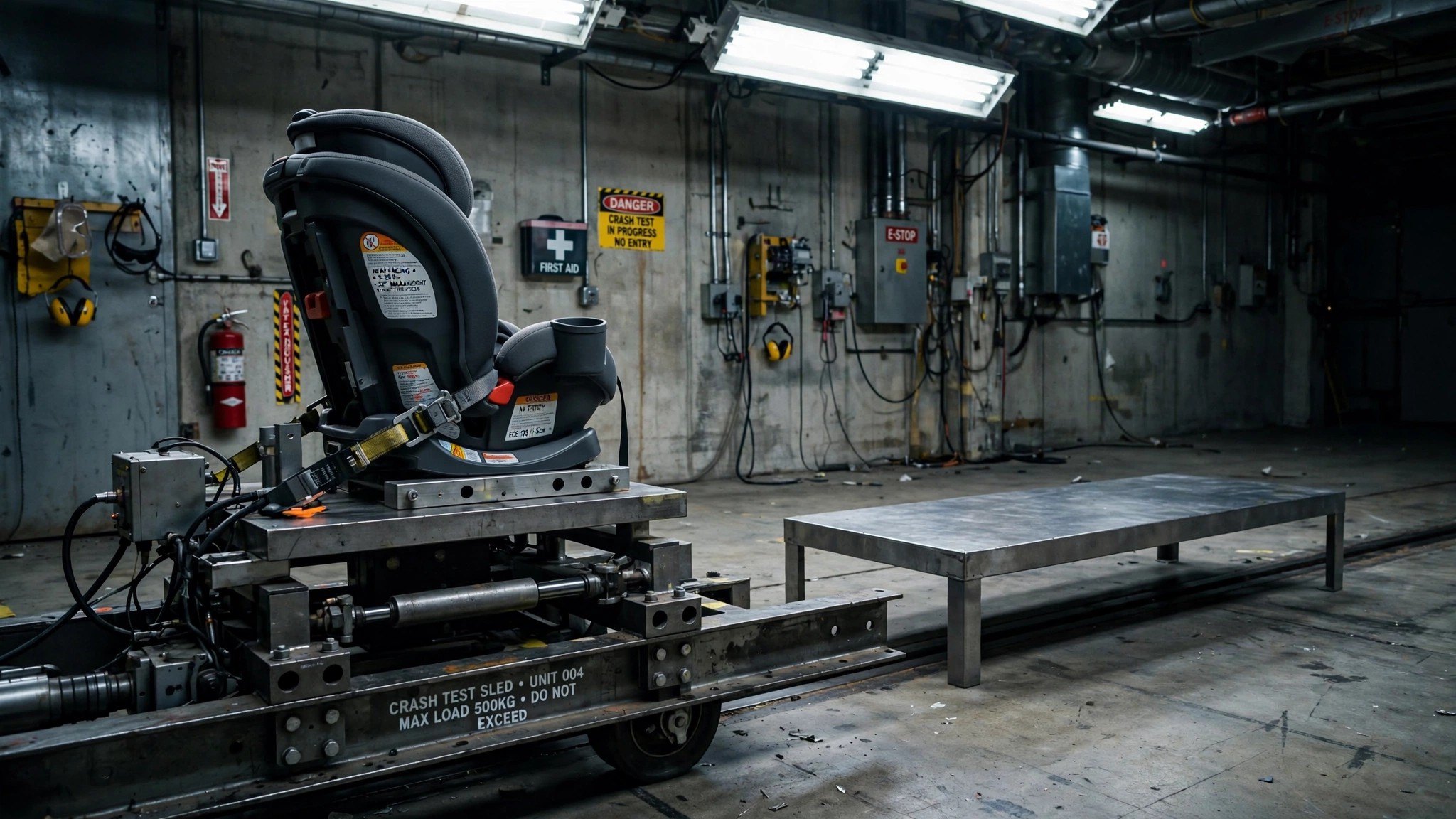 A child car seat on a bare crash test bench