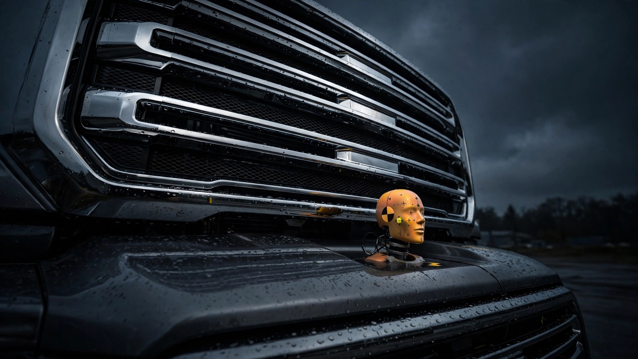 Pickup truck front grille looming over pedestrian height marker