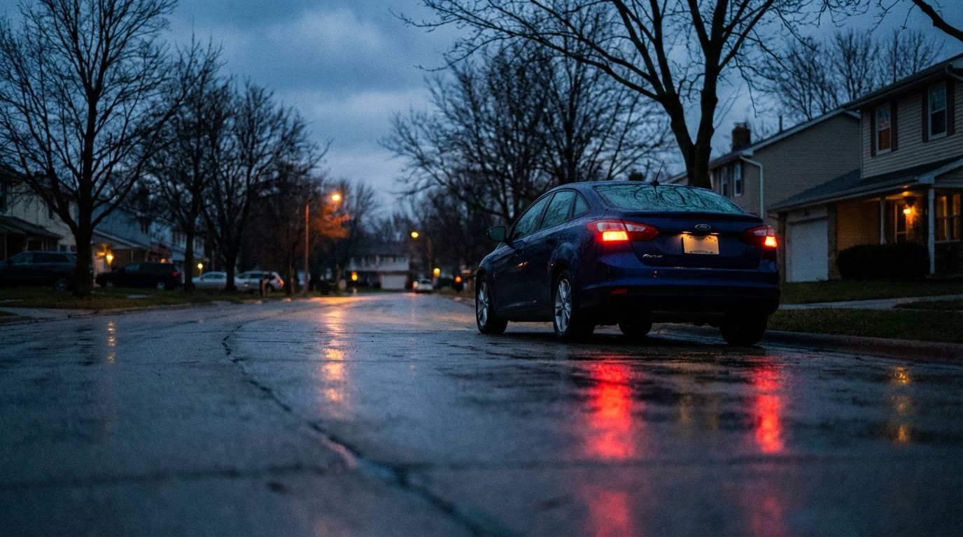 Ford Focus on a rain-slicked suburban street at dusk