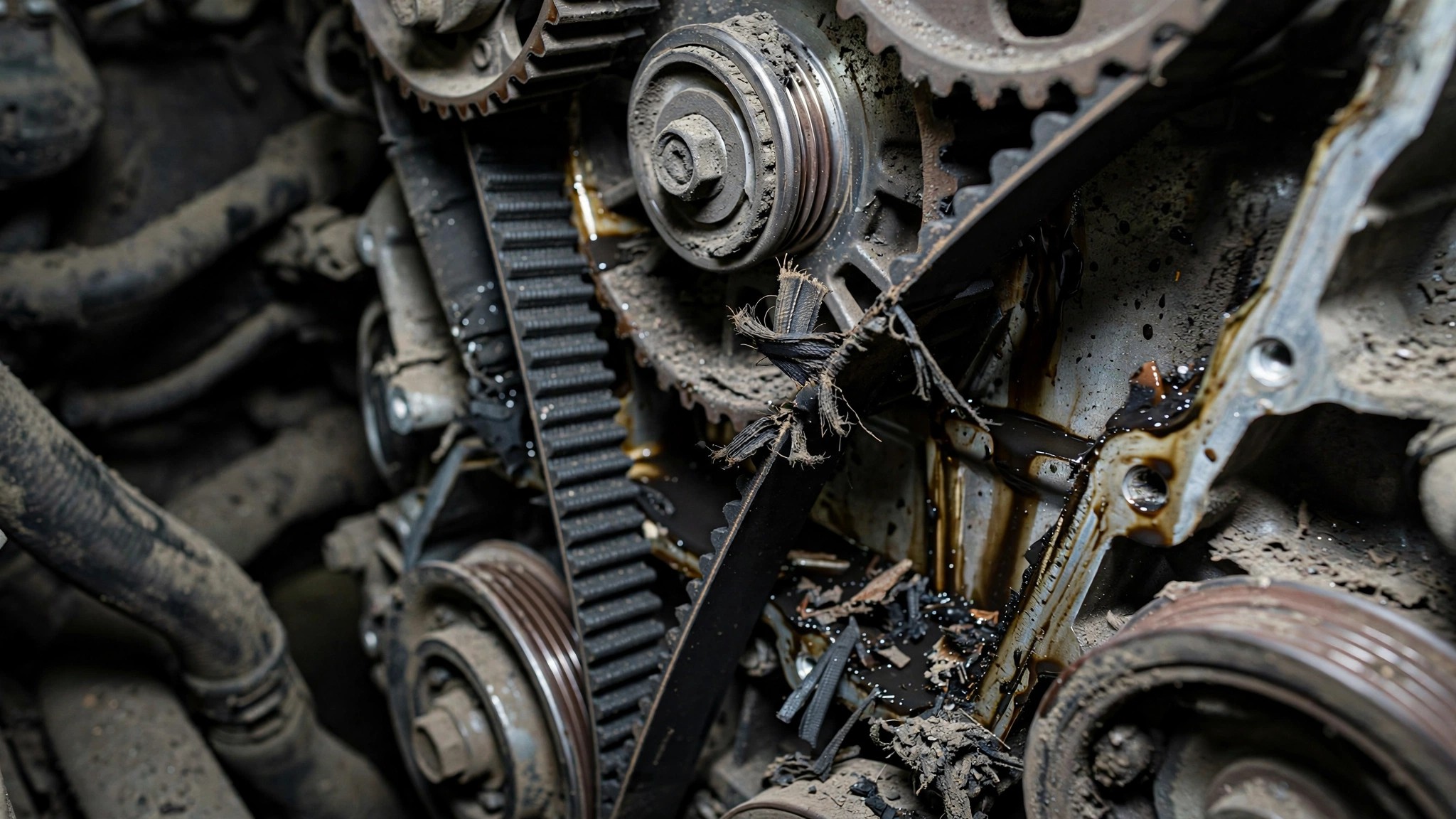 Close-up of a worn timing belt inside a car engine compartment with visible debris and oil stains