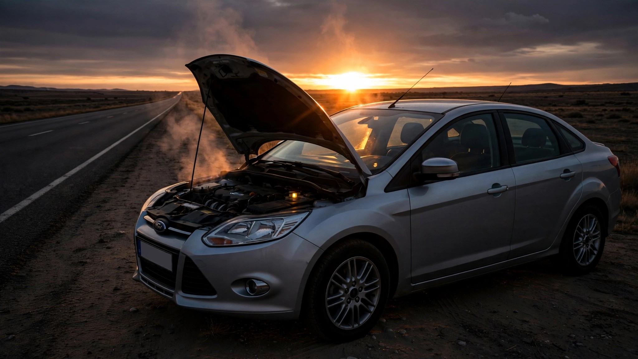 Ford Focus stranded on highway shoulder with hood open and warning light