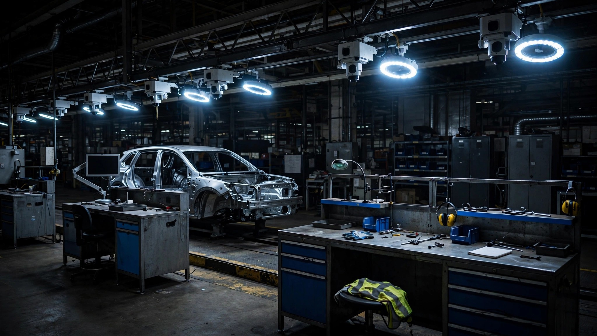 Empty quality inspection stations on a Ford assembly line with AI camera arrays overhead