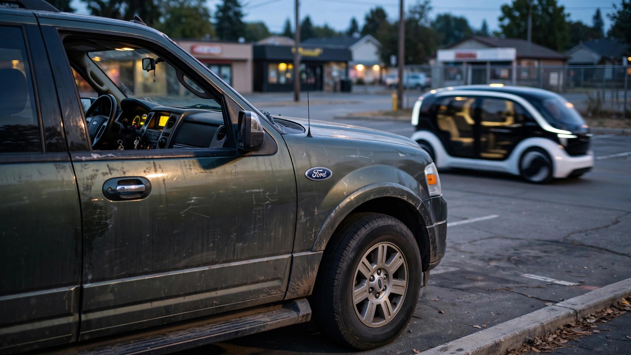 A Ford Expedition in a parking lot at dusk with warning light illuminated