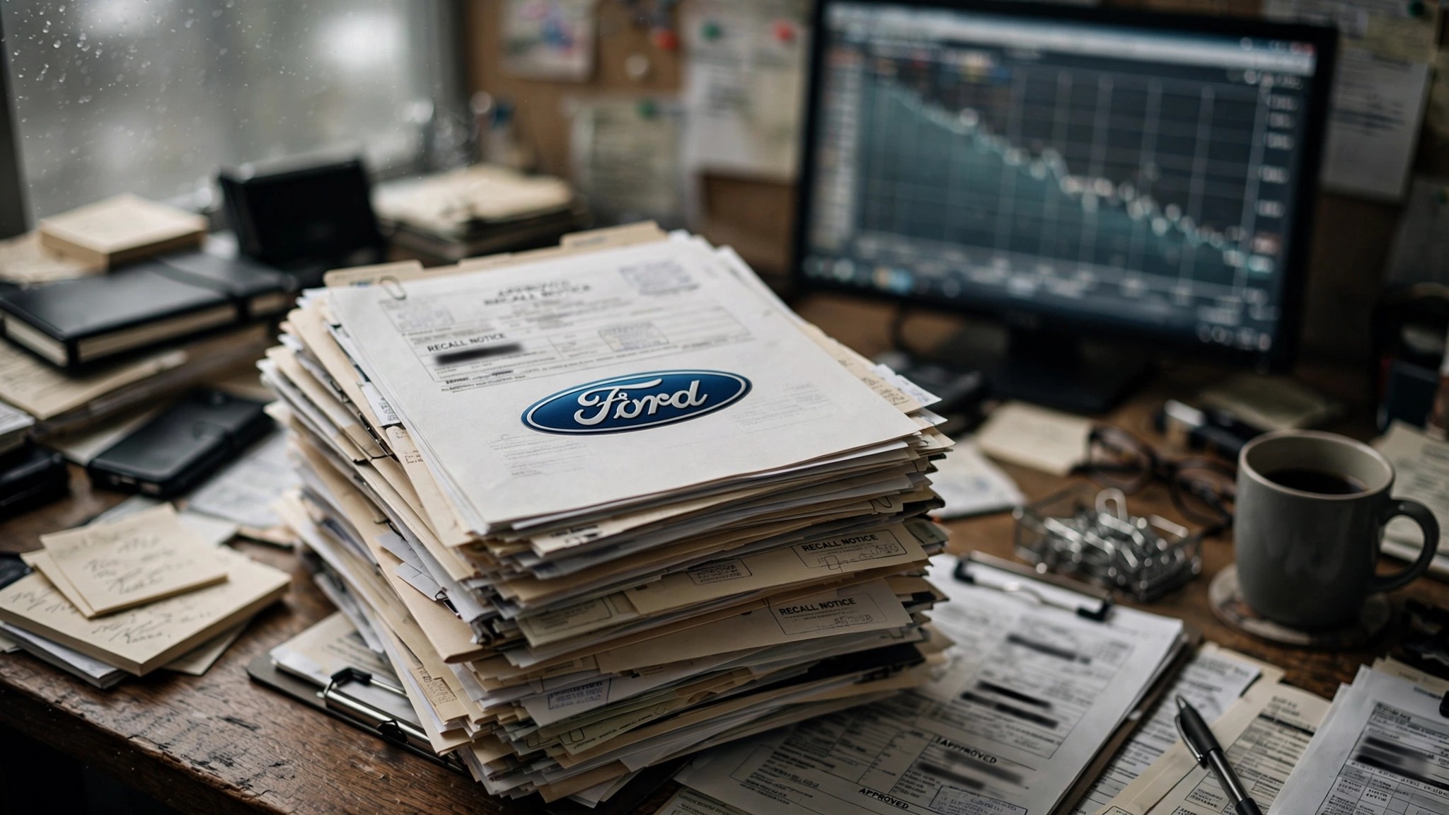 A Ford badge superimposed over a mountain of NHTSA recall documents