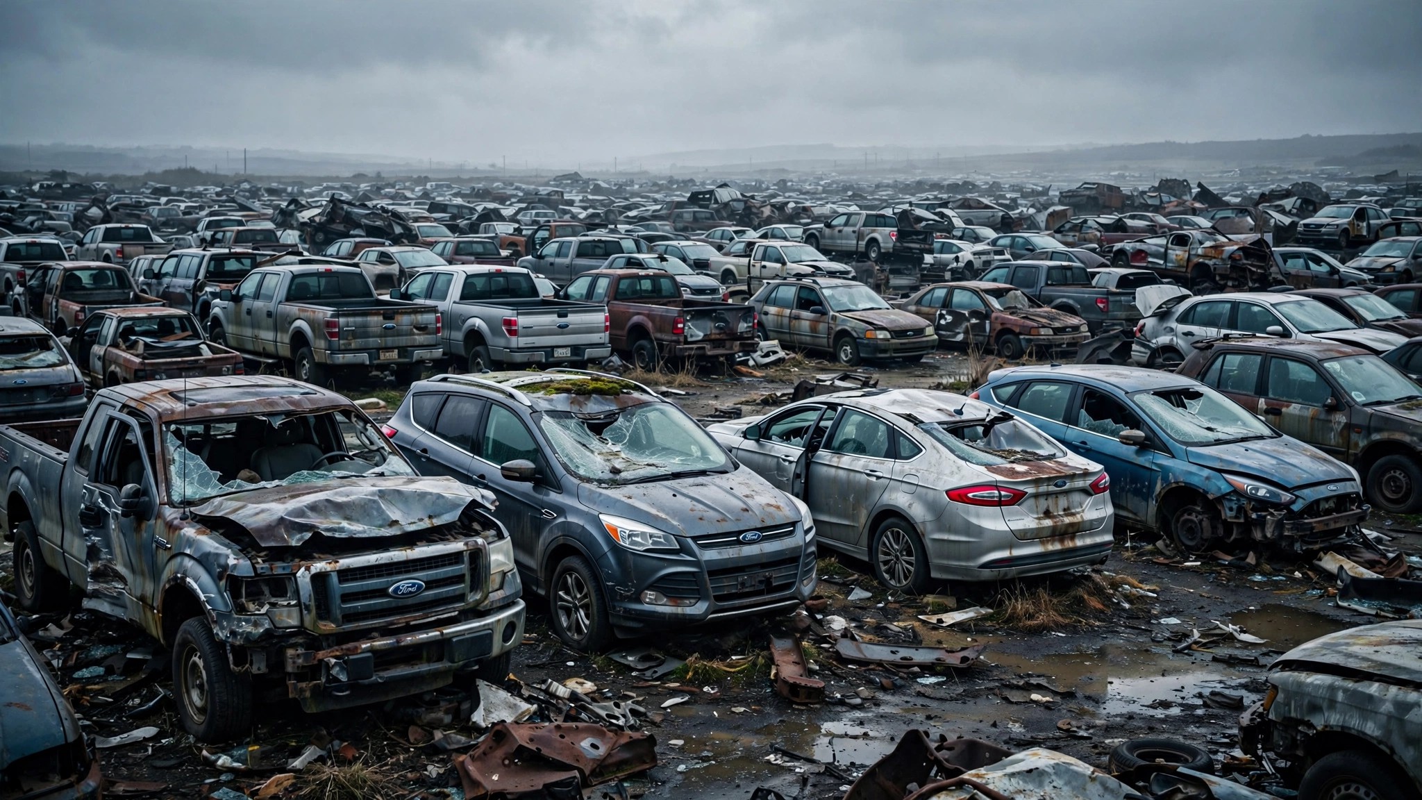 A vast junkyard filled with damaged Ford vehicles under an overcast sky
