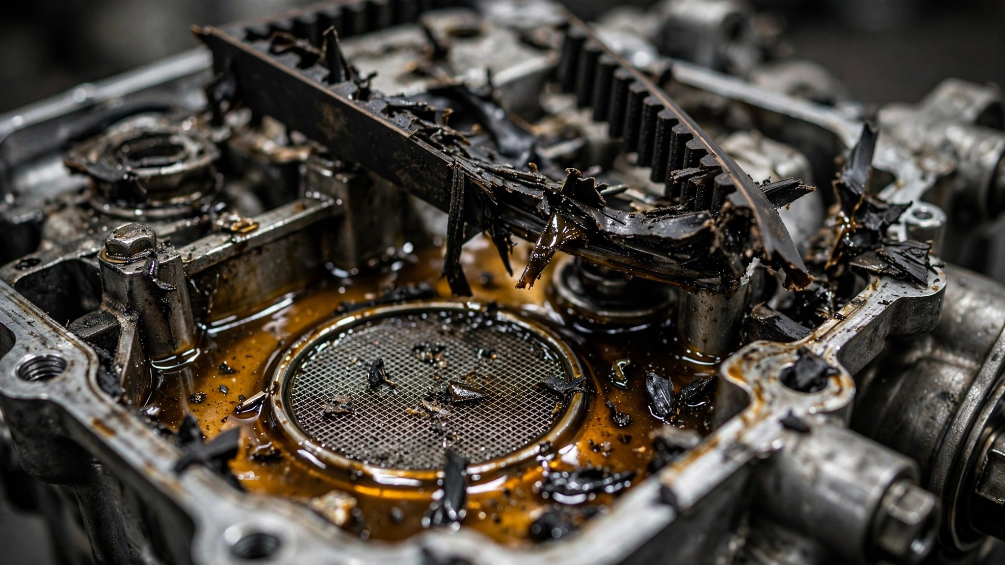 Close-up of a disassembled Ford 1.0L EcoBoost engine showing a shredded oil-soaked timing belt