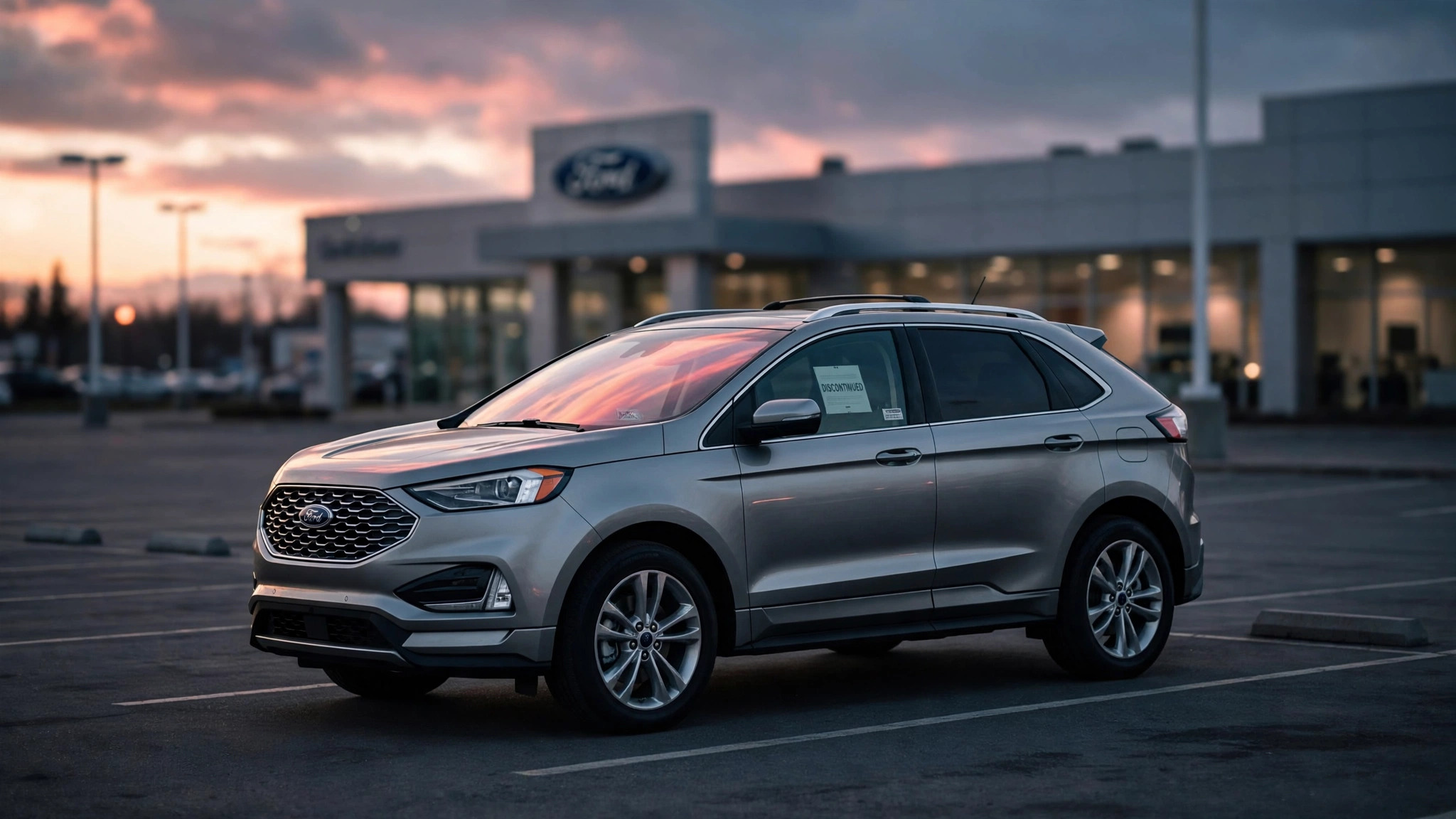 Ford Edge SUV in empty dealership lot at dusk