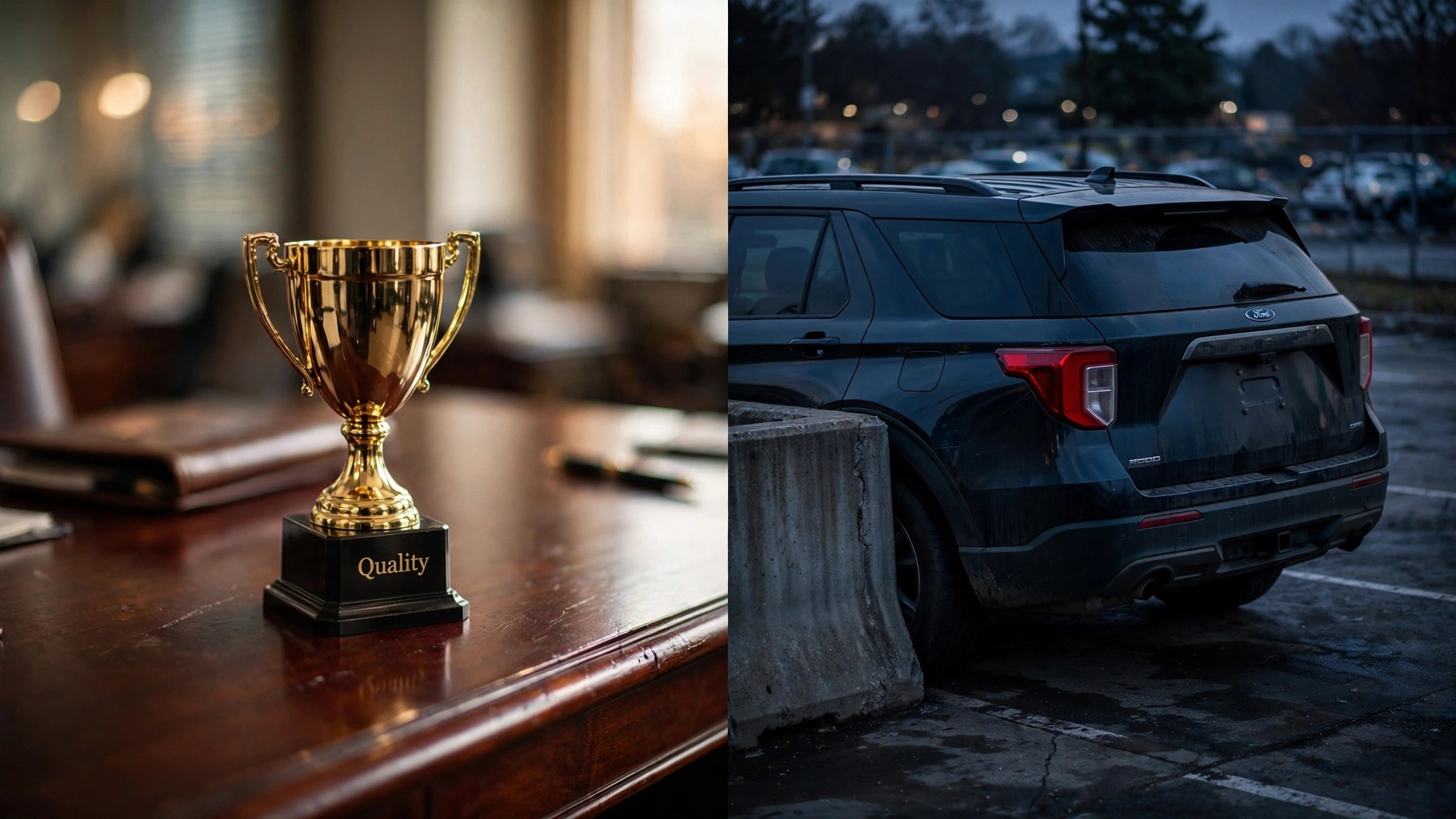 Split frame: a gleaming JD Power trophy on the left, a Ford recall notice on the right