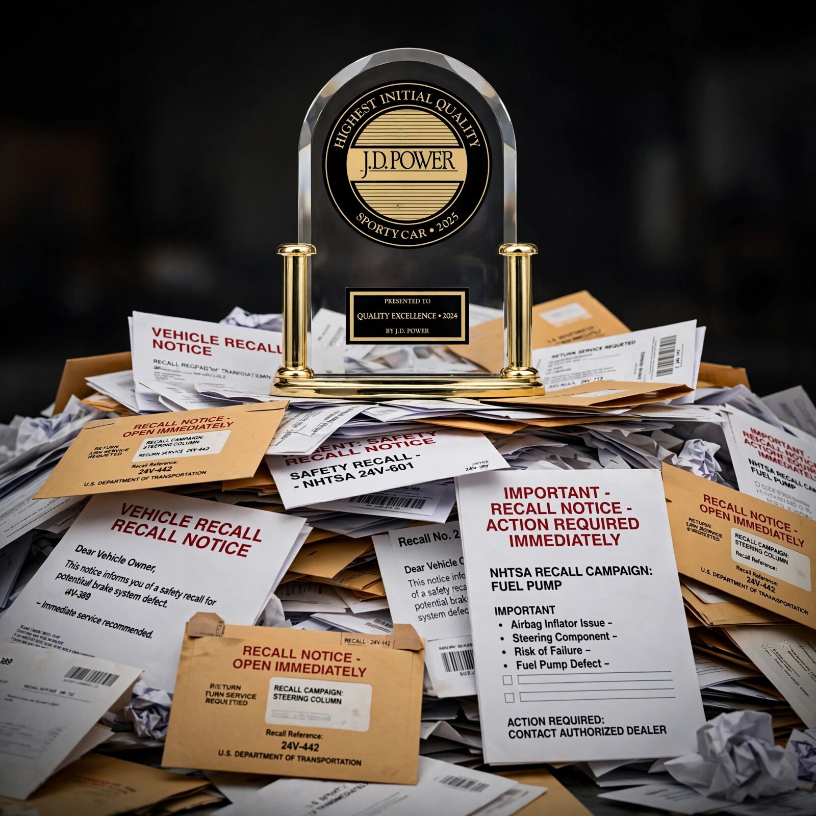 A gold quality award trophy sitting on a pile of recall notice papers