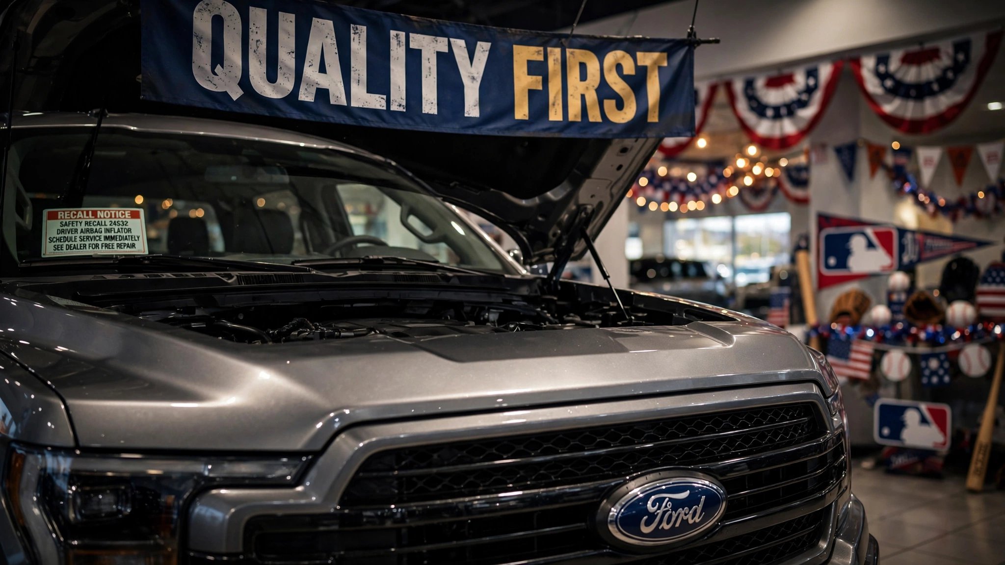 A Ford assembly line juxtaposed with a towering stack of recall notices