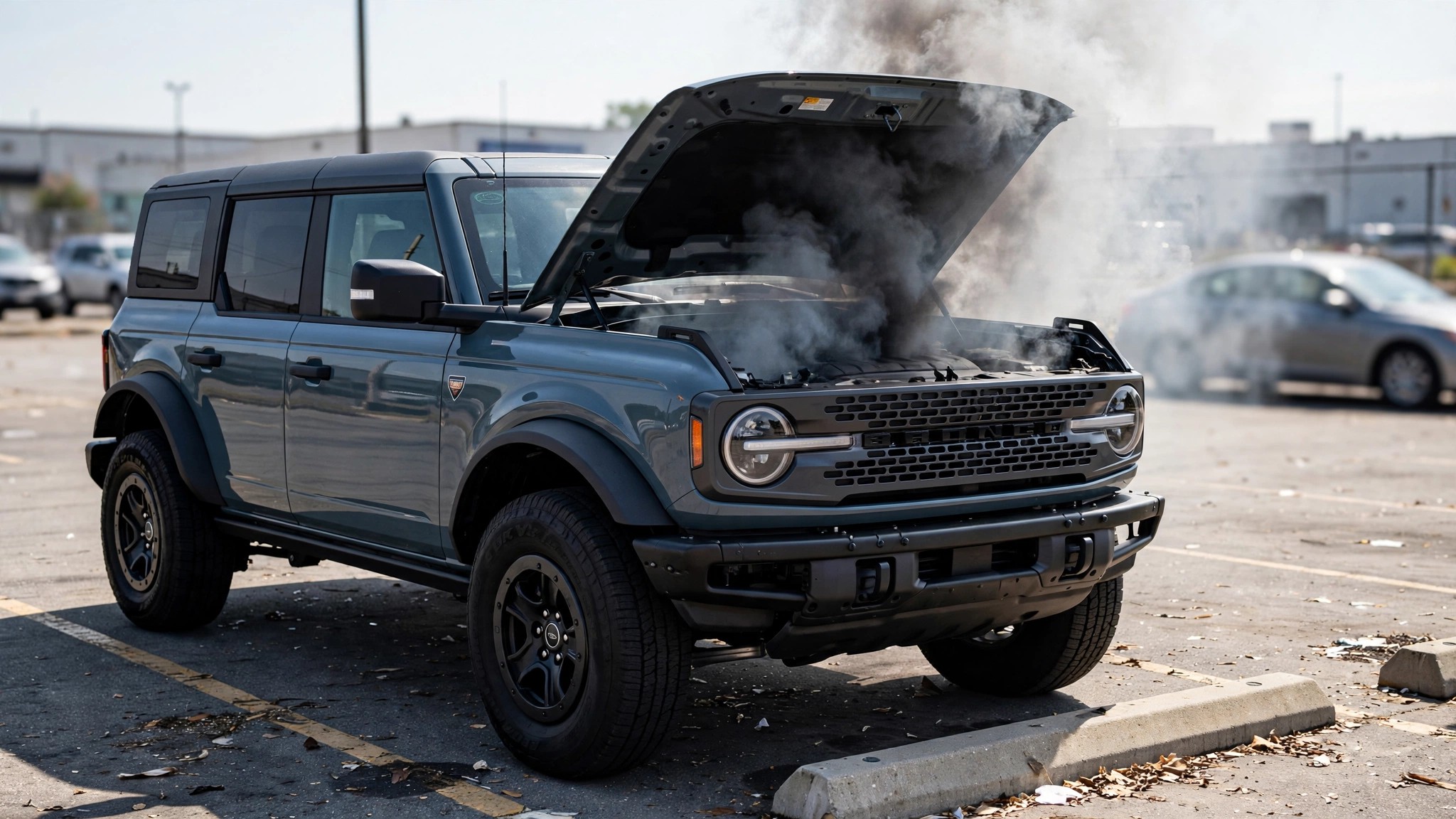 Ford Bronco SUV with smoke rising from engine compartment in parking lot