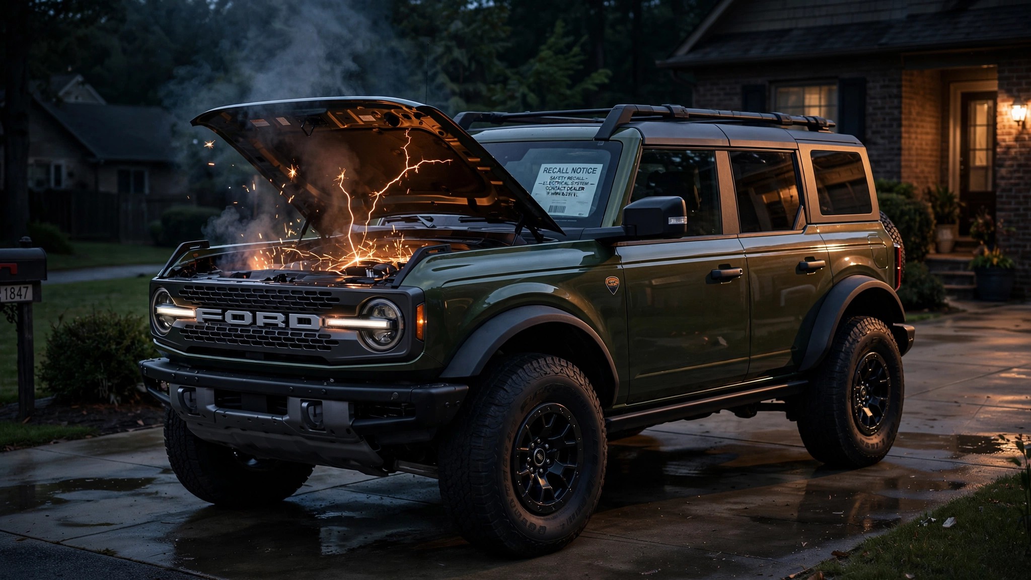 A Ford Bronco in a driveway at night with sparks from under the hood