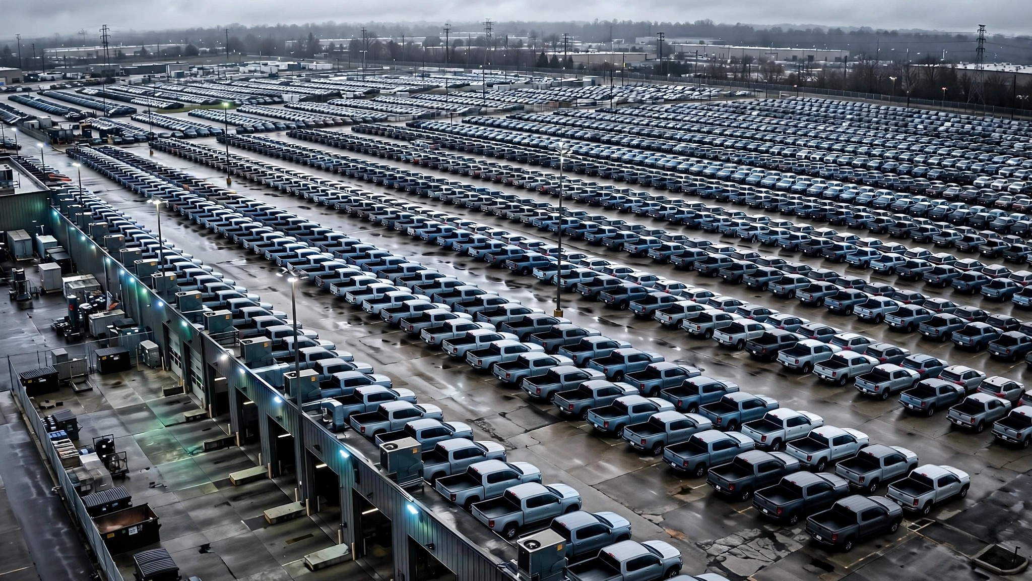 Ford dealership service bay with rows of vehicles awaiting recall repairs