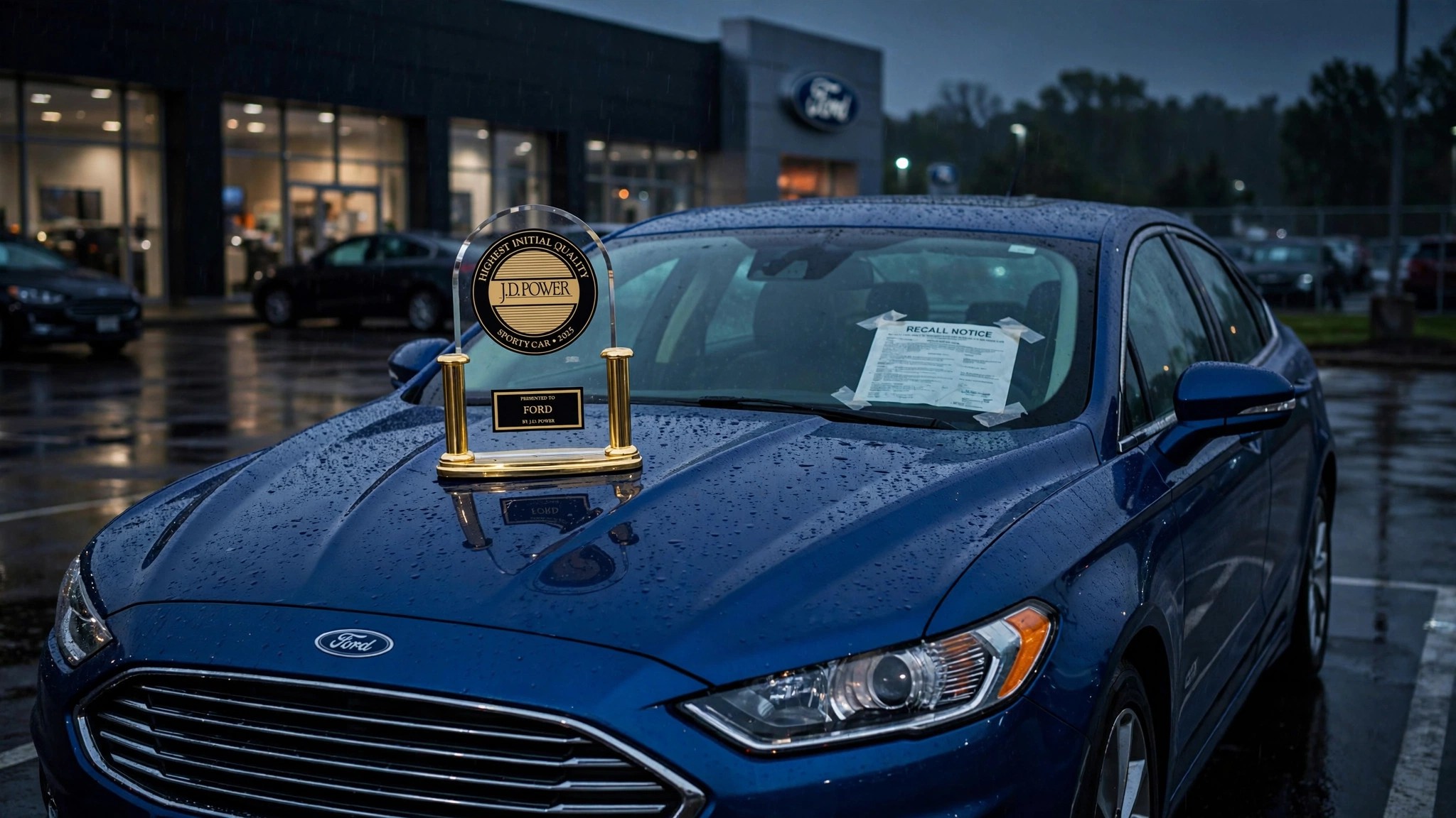 Blue Ford sedan with recall notice and quality trophy
