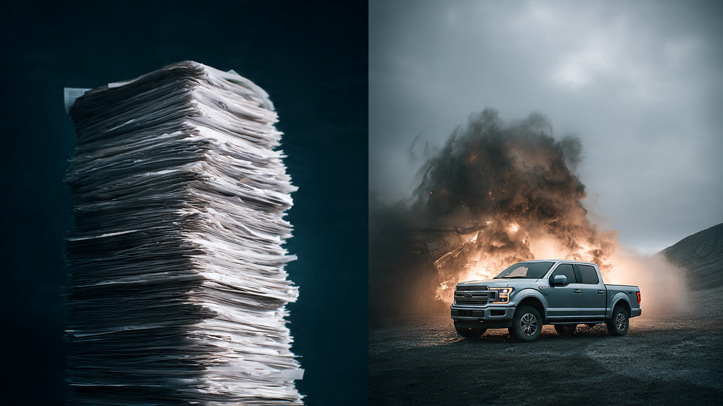 Ford recall paperwork stacked against FARS fatality data charts