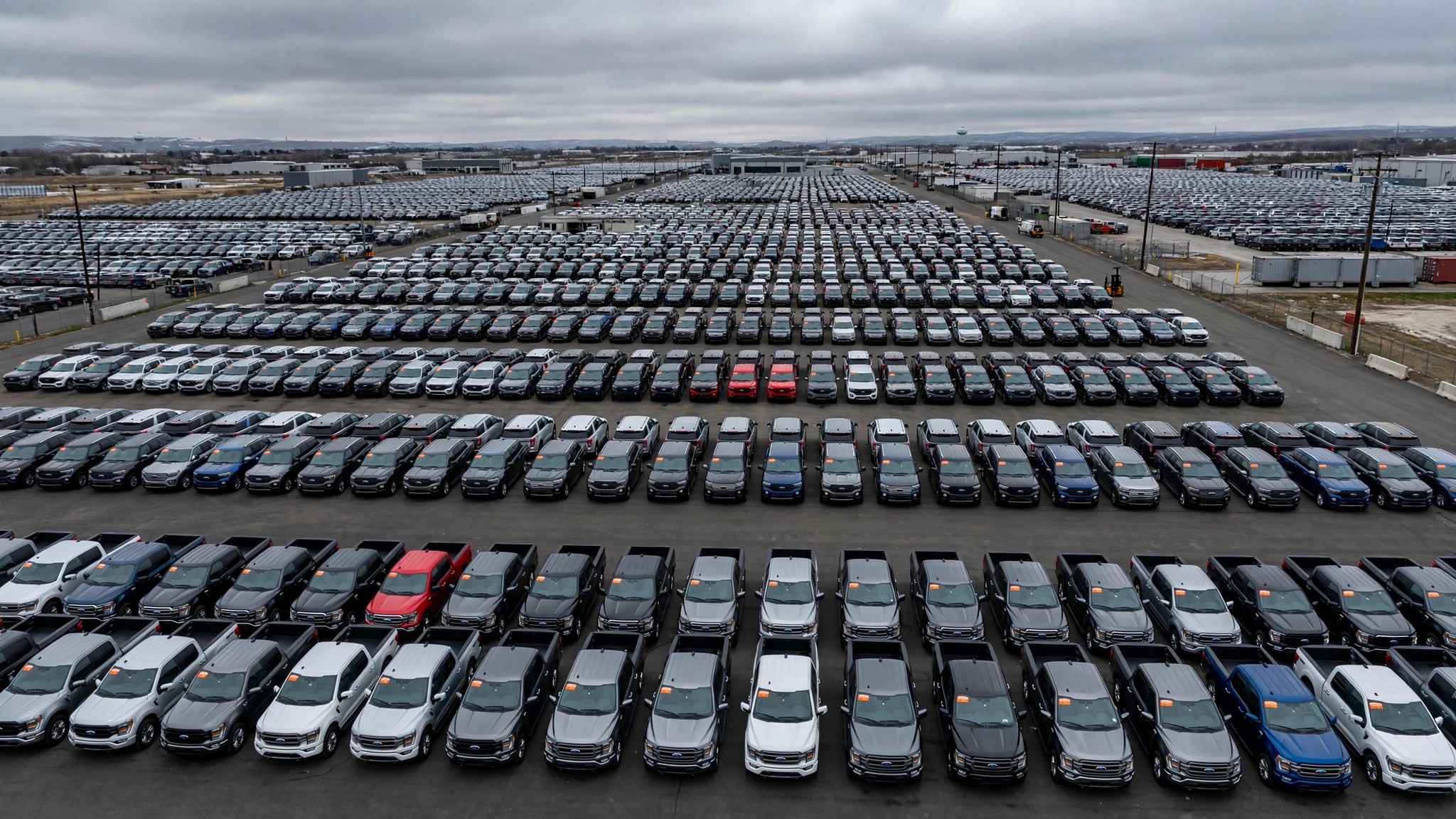 Aerial view of massive vehicle recall staging lot with thousands of Ford trucks