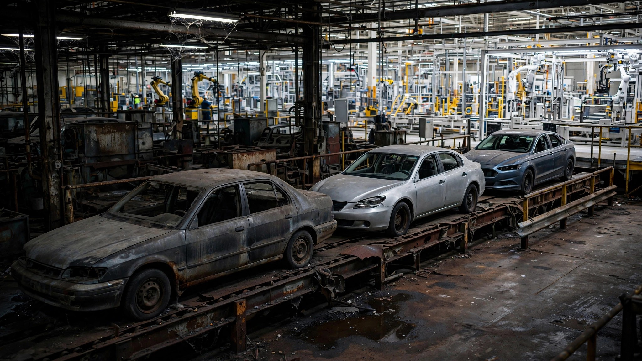 Split view of aging Ford sedan production line versus modern truck assembly