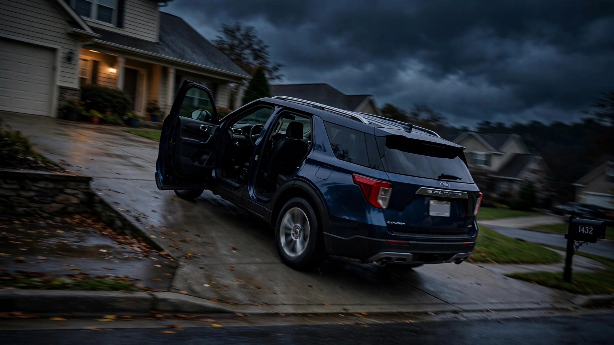A Ford SUV rolling backward down a dark suburban driveway with its door open
