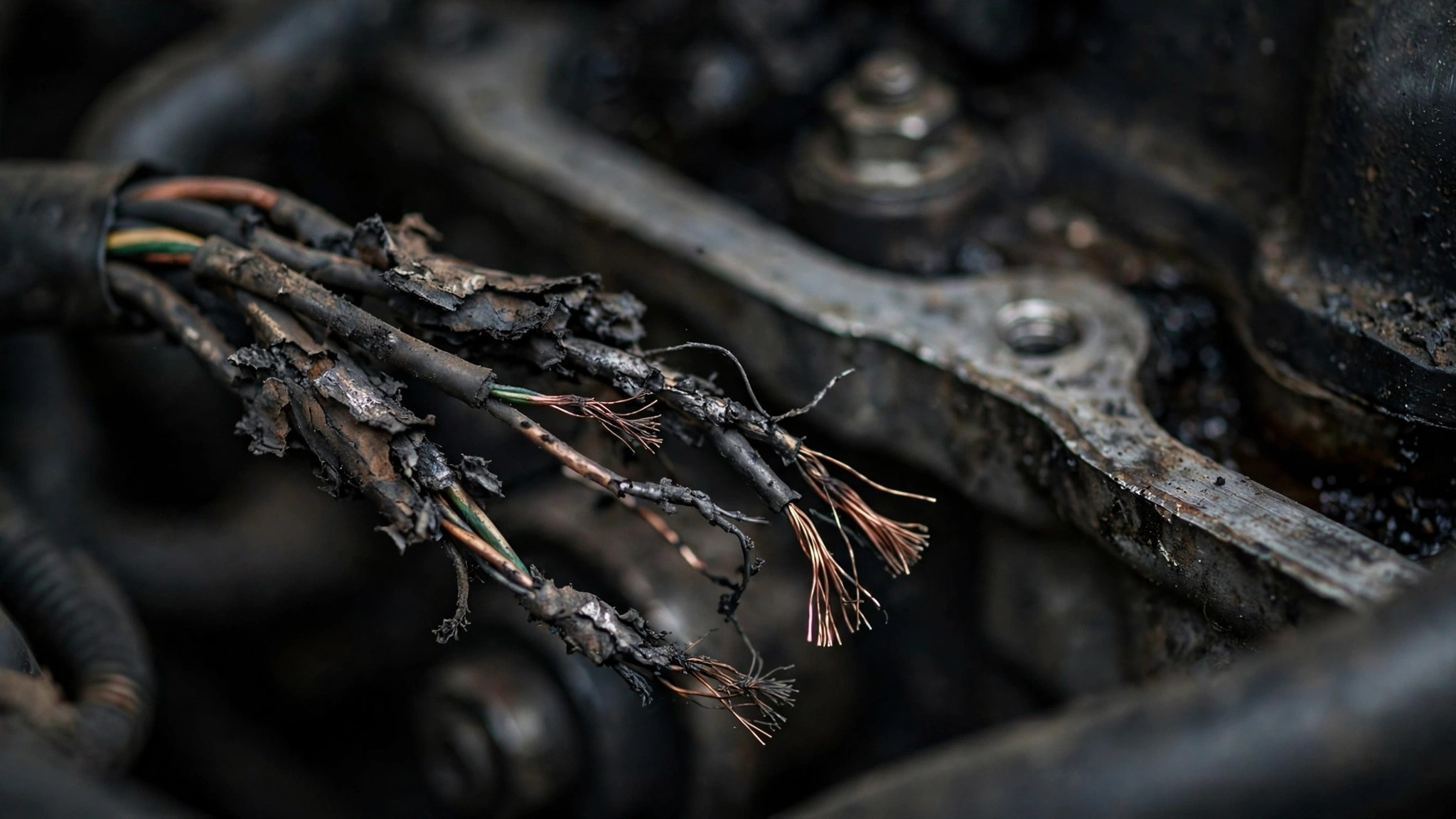 Damaged automotive wiring harness with abraded insulation and heat damage