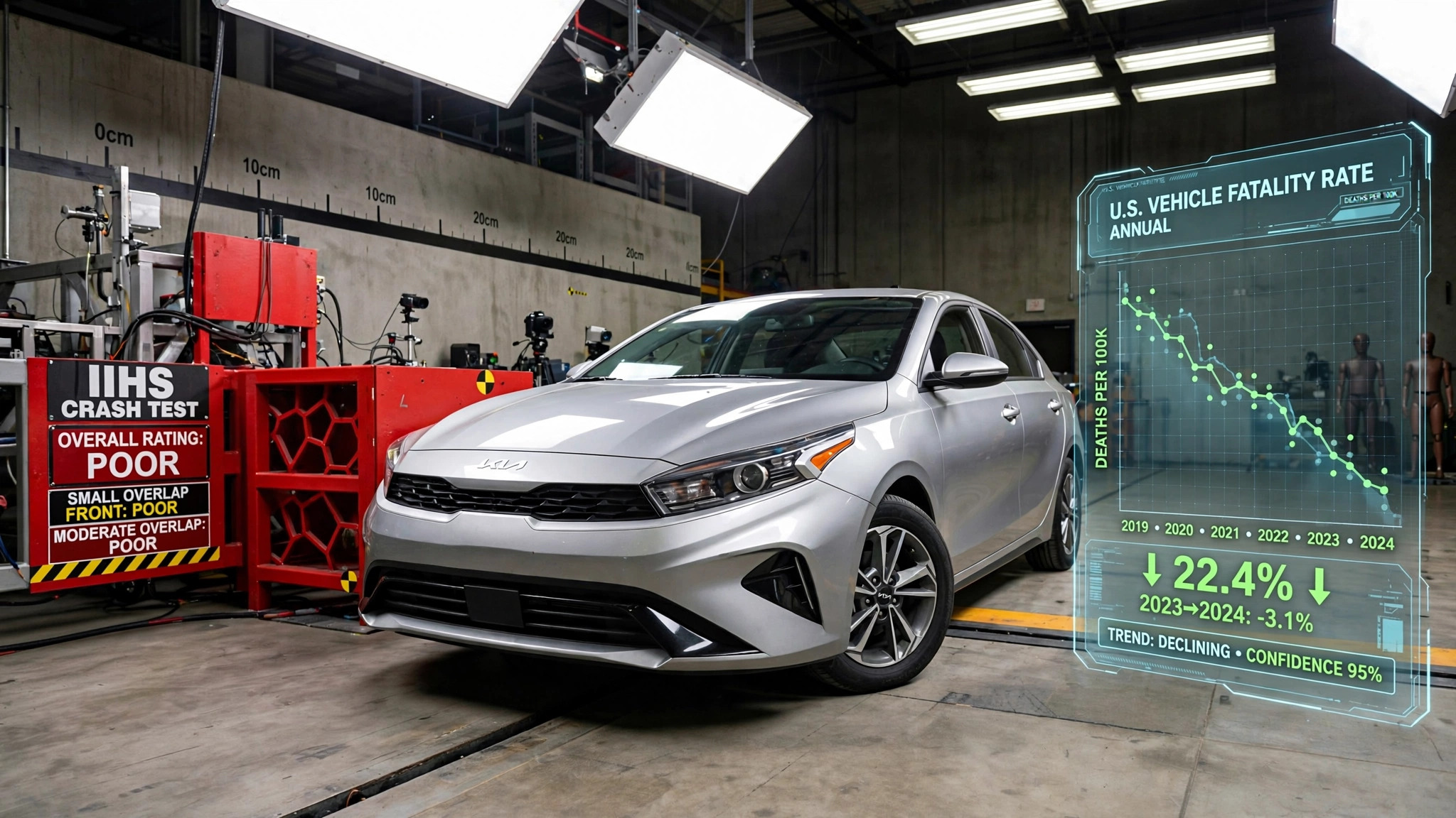Kia Forte in crash test facility with contradicting safety data