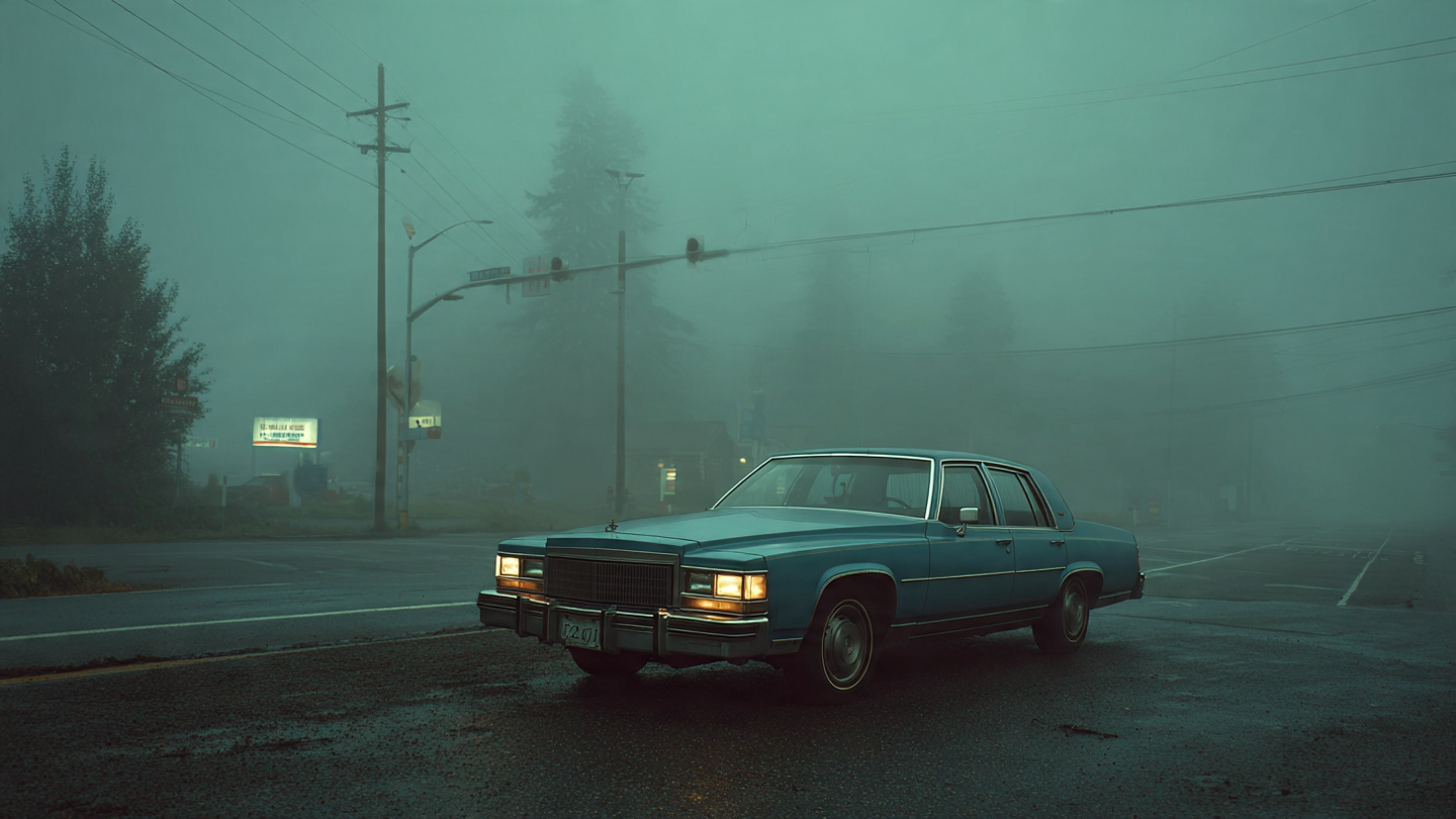 Vintage American sedan at a misty intersection