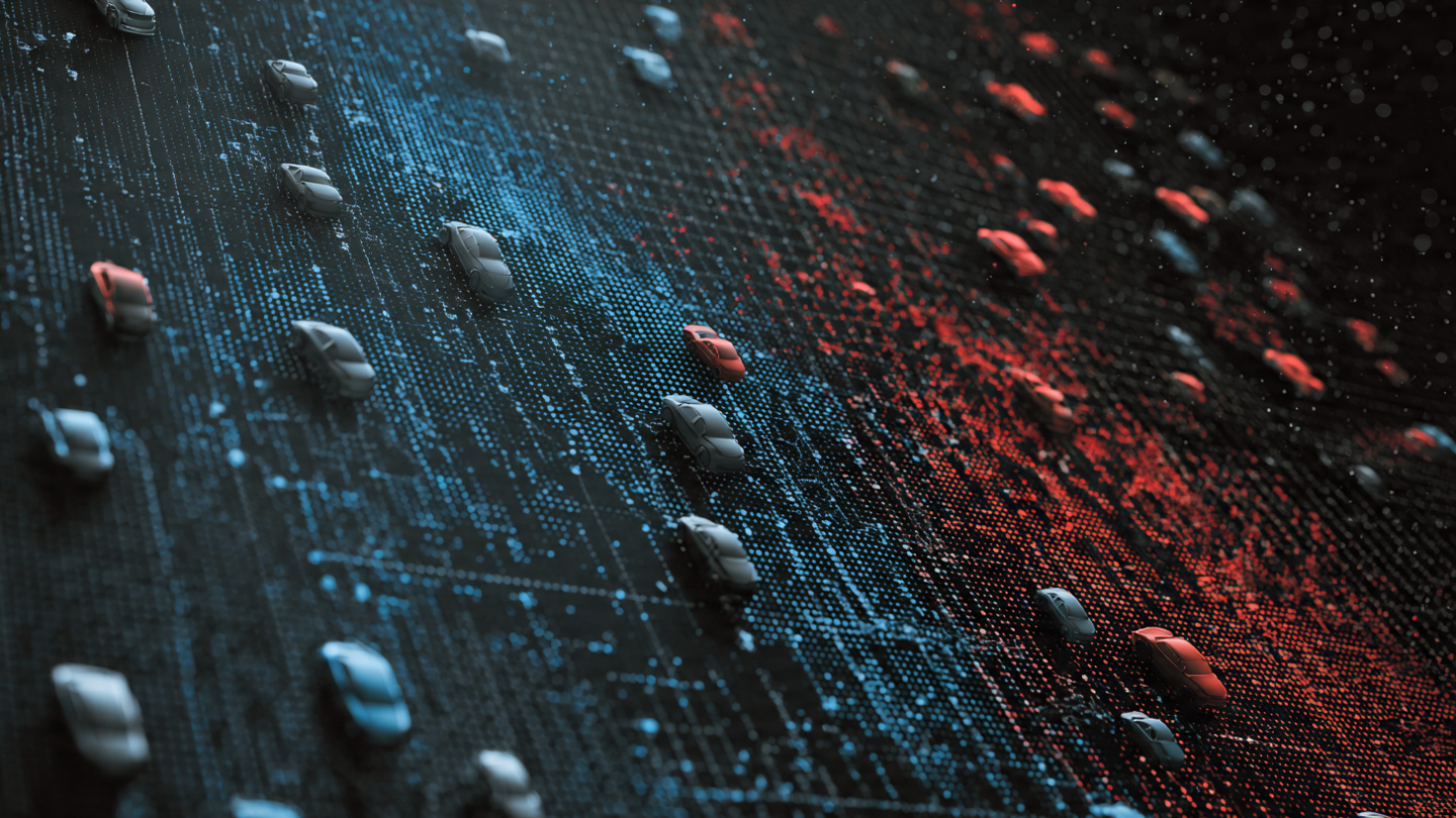 Data visualization showing scattered vehicle silhouettes on a dark grid with red and blue indicators for lethality and frequency