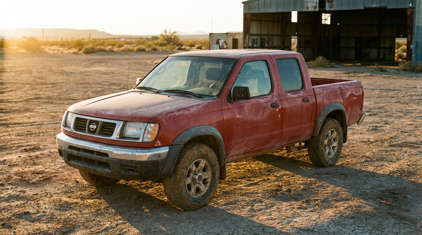 Dusty Nissan Frontier pickup truck in desert junkyard
