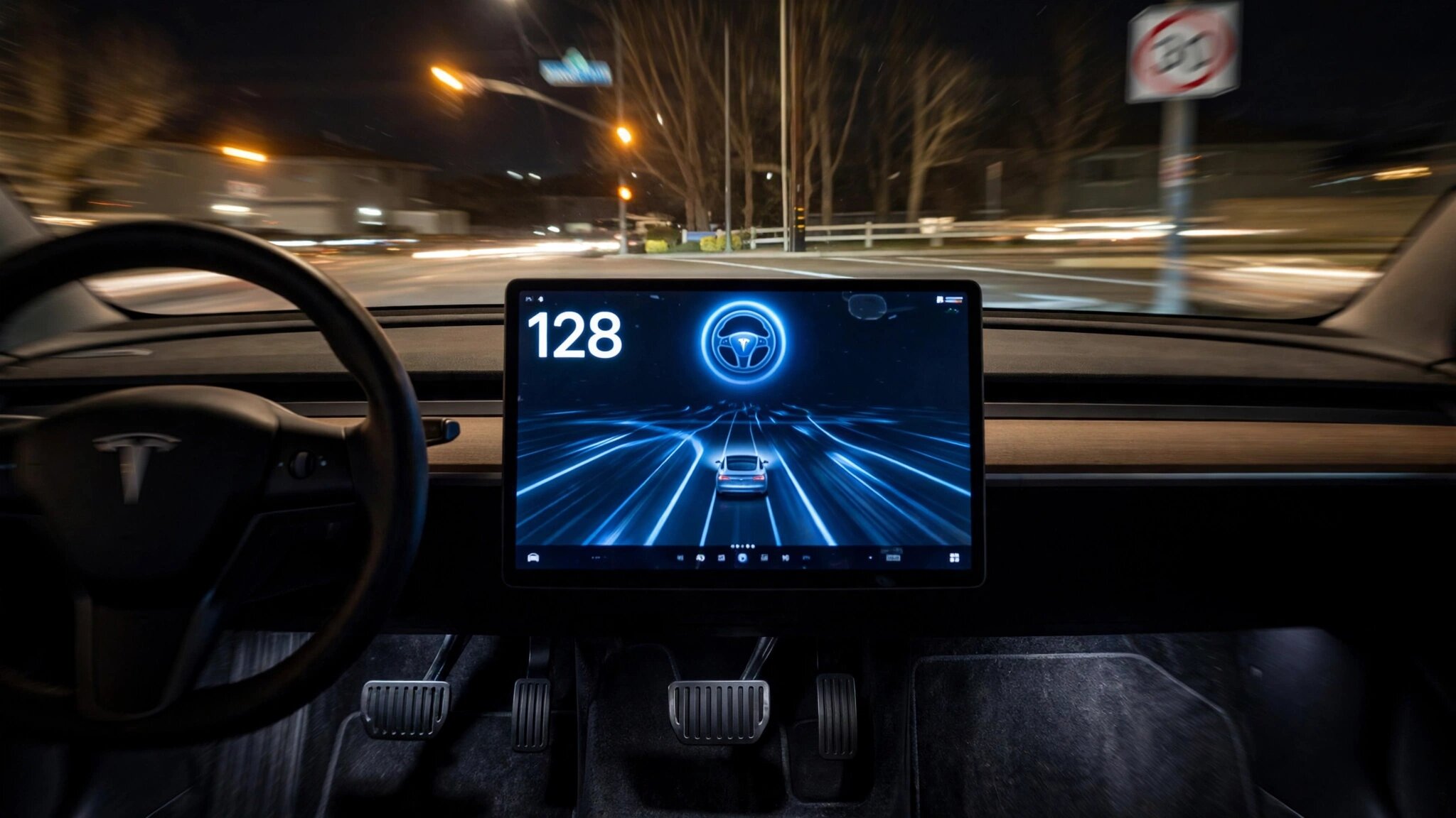 Tesla dashboard at night with FSD indicator glowing and accelerator floored