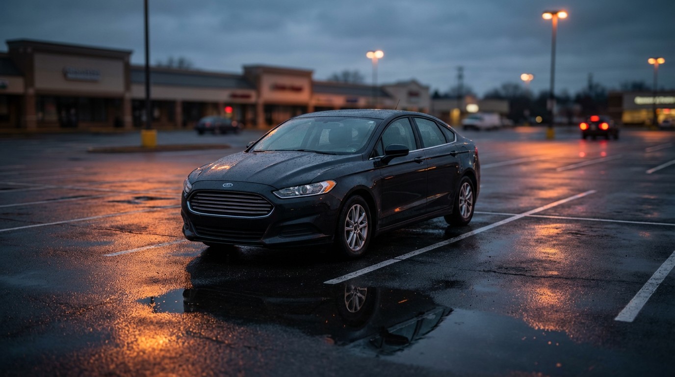 Ford Fusion sedan in a moody parking lot at dusk