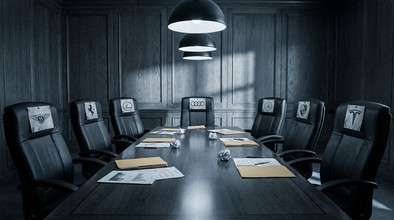 Seven GM brand logos arranged in a grid, each casting a long shadow across rows of FARS fatality data