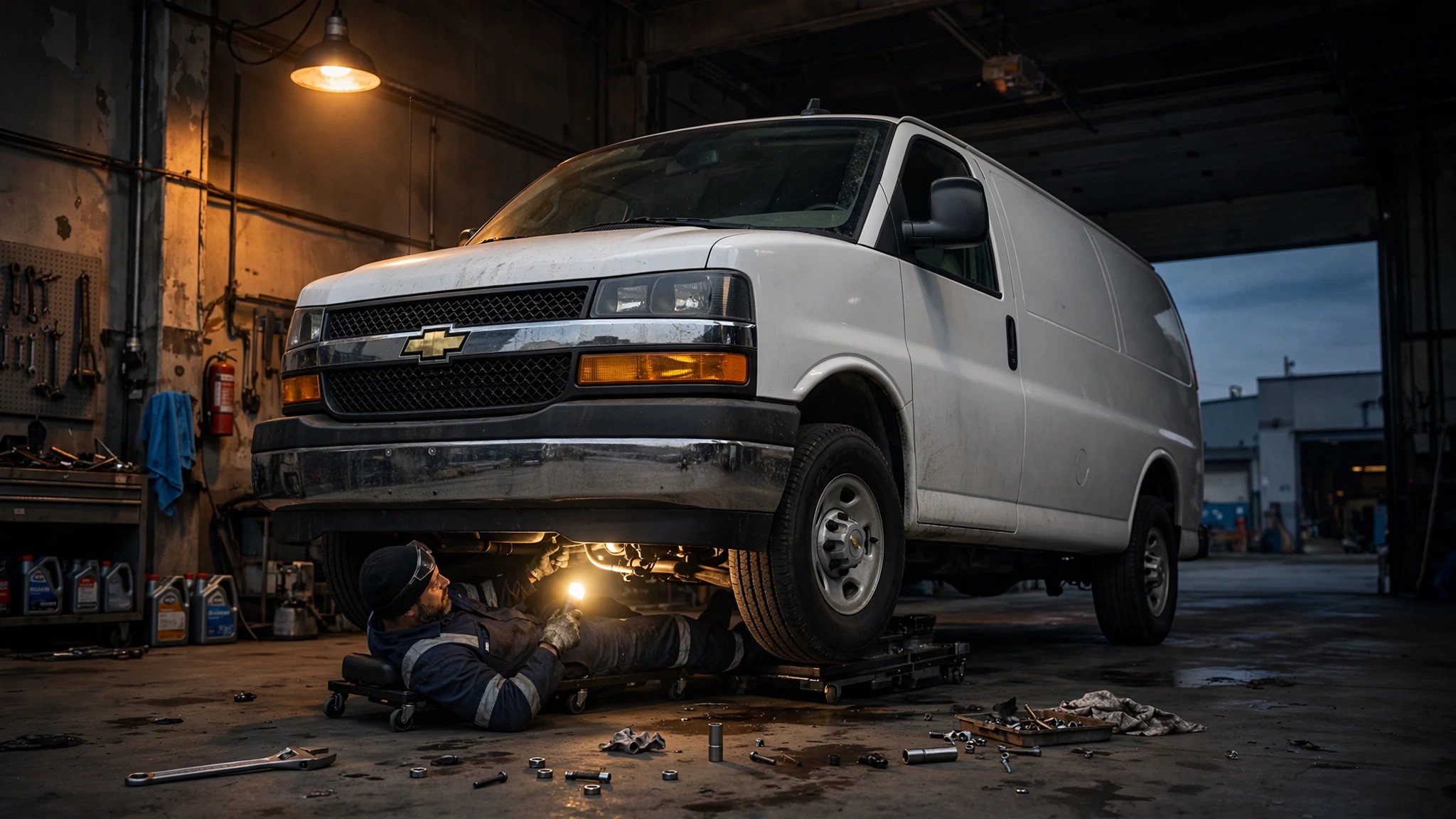 A GM Express van on a factory assembly line with a loose steering nut highlighted