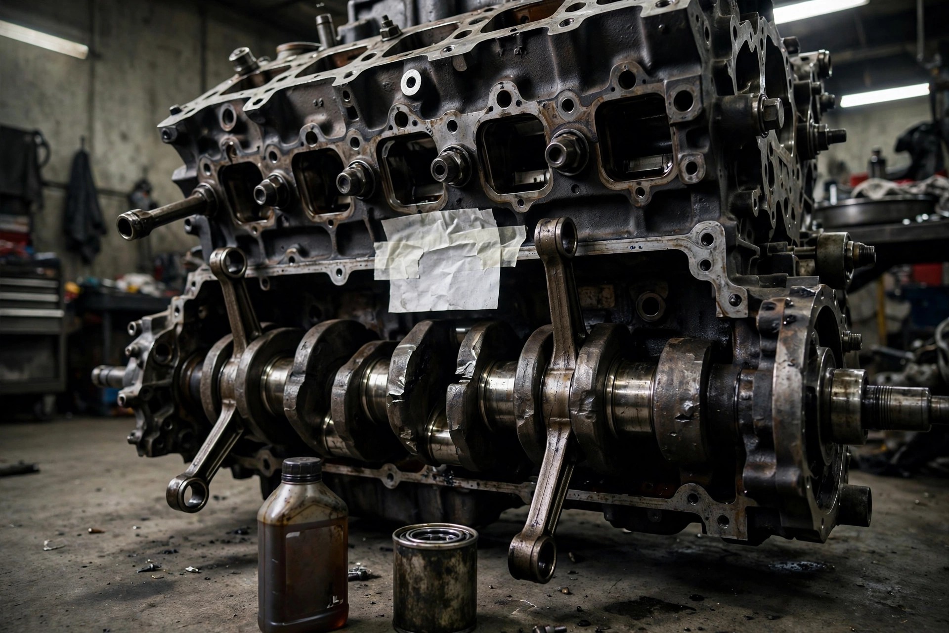 GM L87 V8 engine on a service bay lift with oil change supplies and a recall notice
