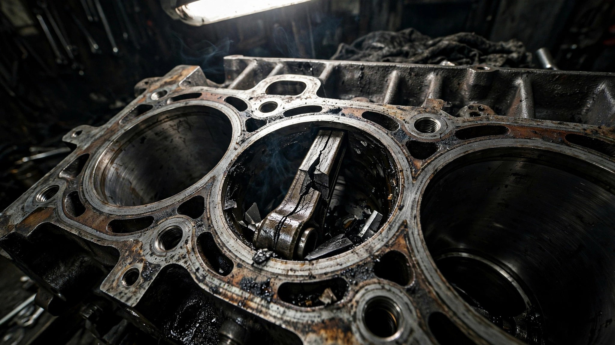 Seized V8 engine block in repair shop