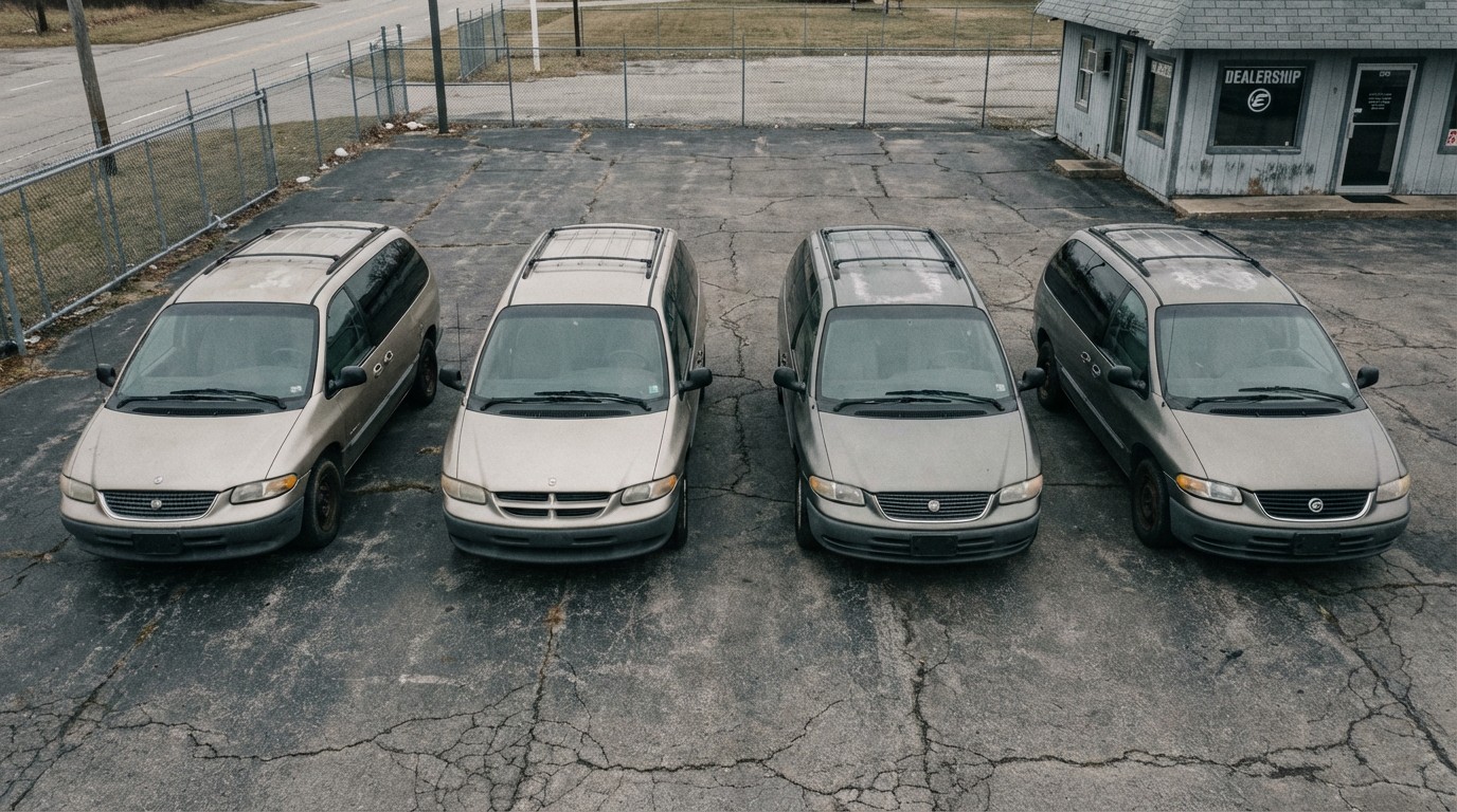 A row of identical GM minivans with different badges