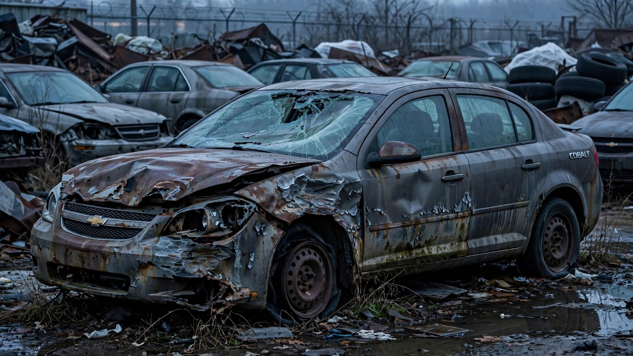 Abandoned GM sedans rusting in a junkyard at dusk