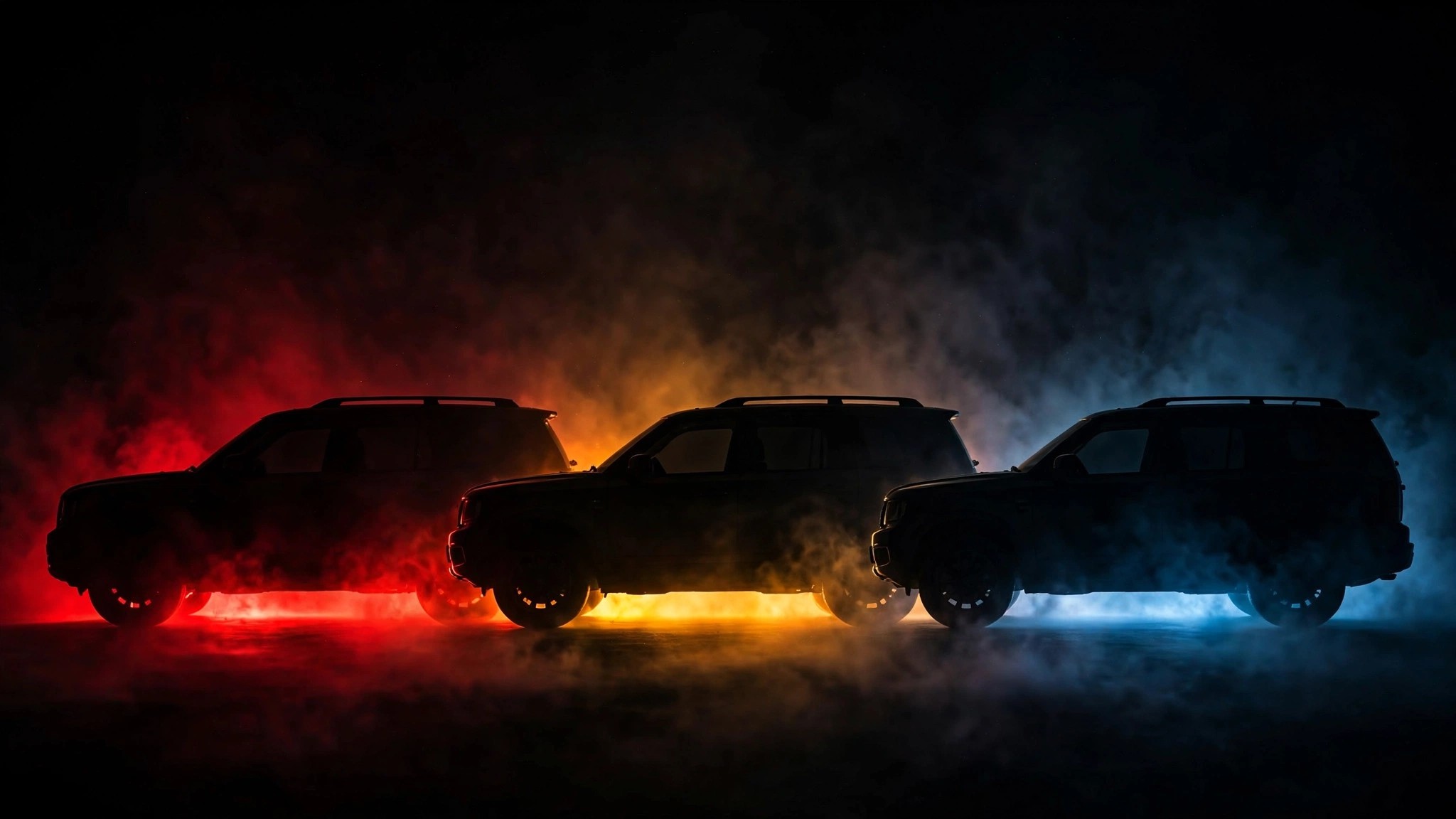 Three identical SUV silhouettes in red, amber, and blue