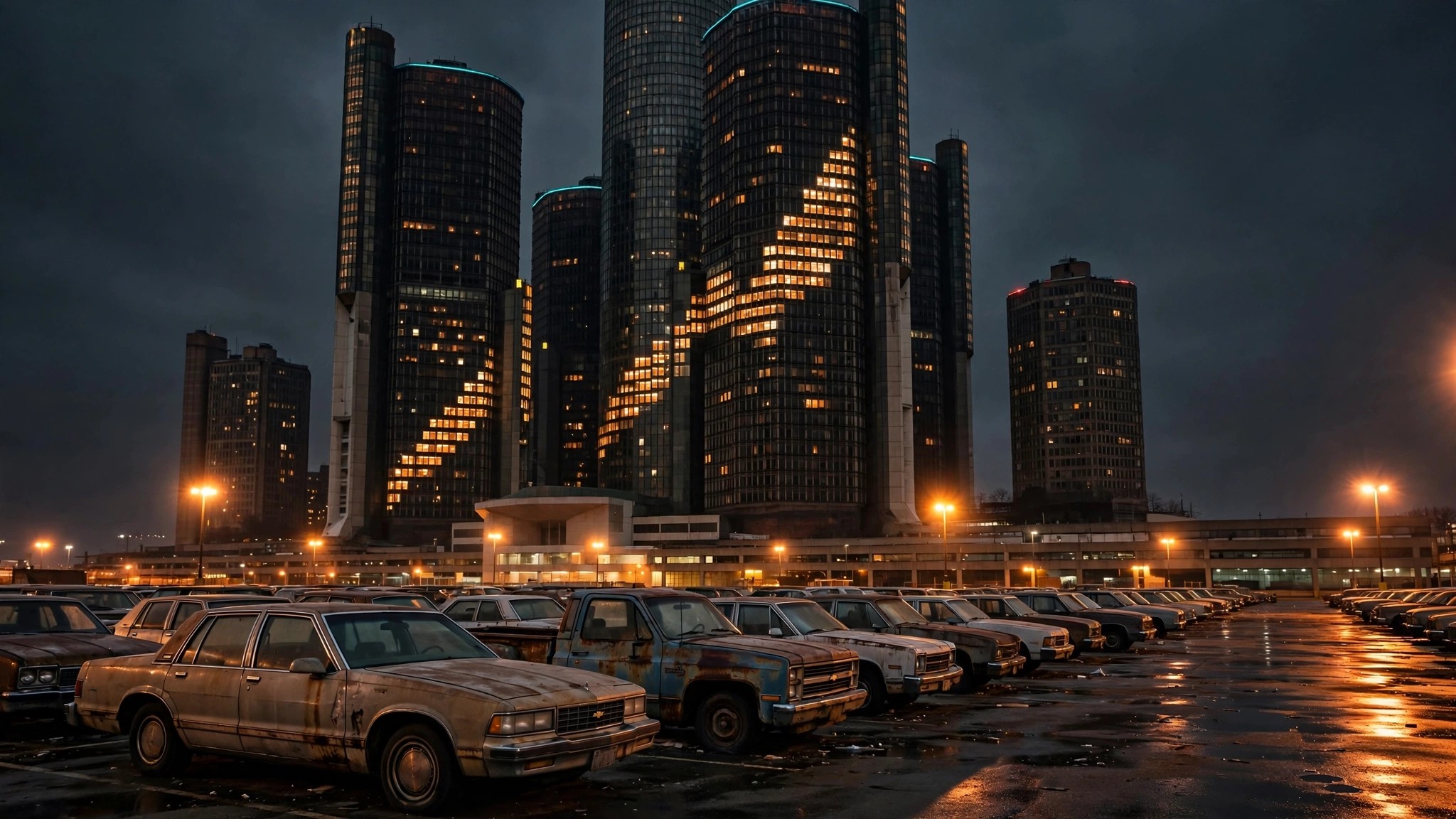 GM corporate headquarters at night with aging fleet in foreground