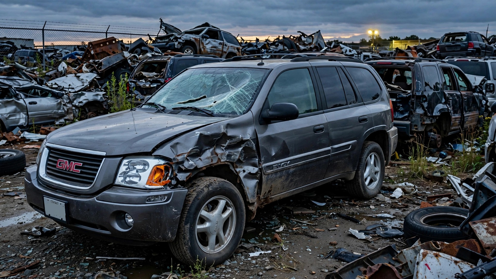 A mid-2000s GMC Envoy SUV in a crash investigation setting